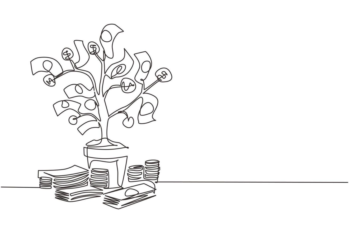 Single continuous line drawing money tree. Green cash banknotes with golden coins. Tree in ceramic pot. Concept of earnings, success in work, money. One line draw graphic design vector illustration