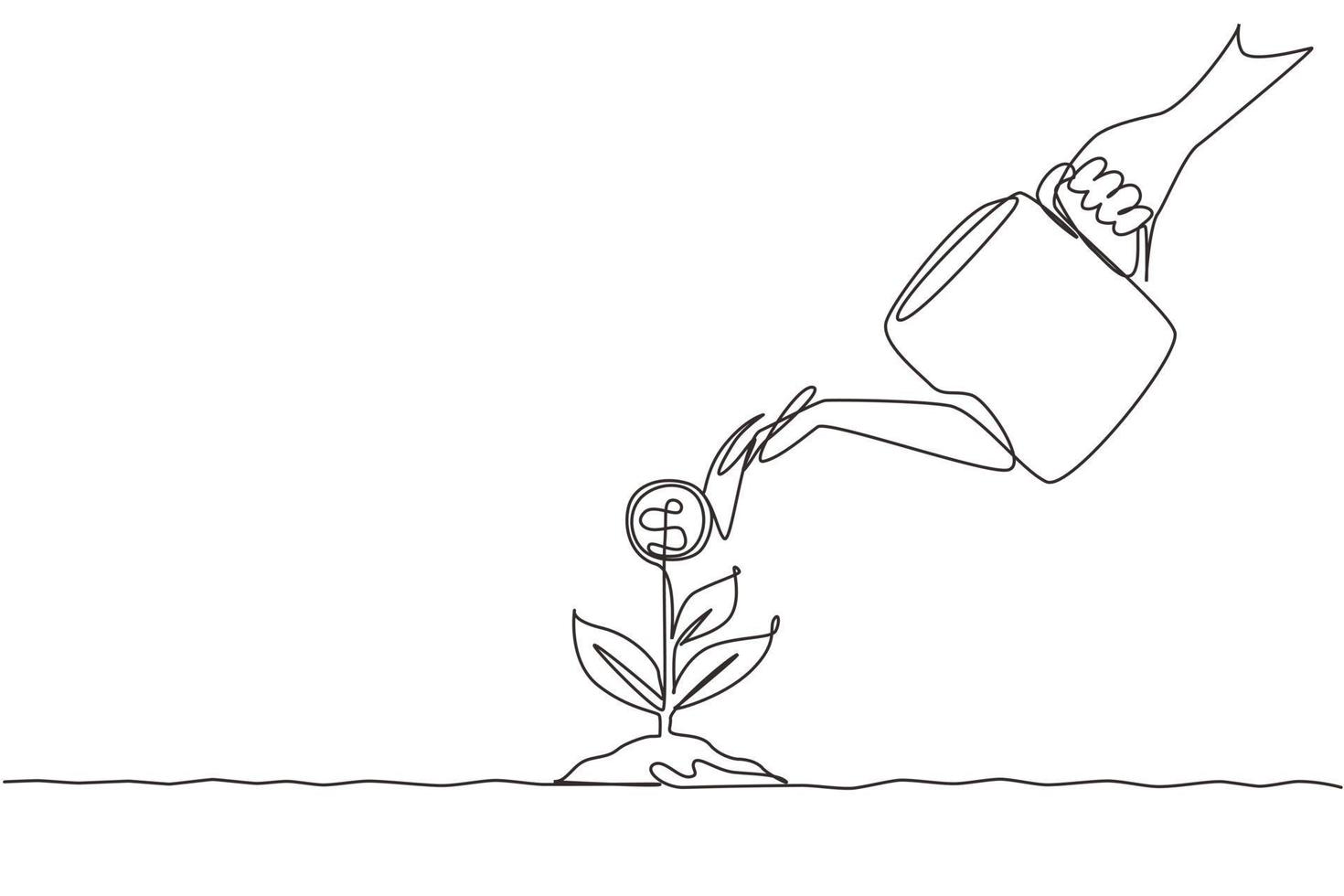 Continuous one line drawing hand holding watering can watering money plant at ground. Hand of businessman who pours money tree. Concept of earnings, success, money. Single line draw design vector