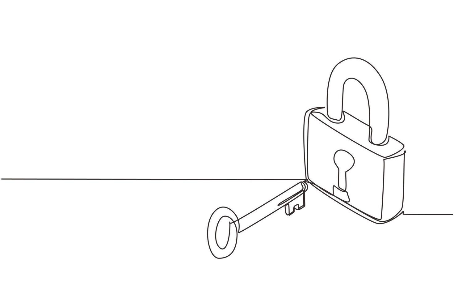 Single continuous line drawing lock and key, isometric image. Key and lock. Safety lock with key icon image. Success, solution, opportunity and safety concept. One line draw graphic design vector