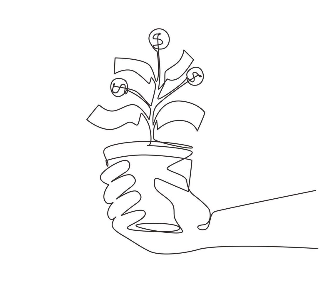 Single one line drawing hand with money plant in the pot. Money tree. Green cash banknotes with golden coins. Tree in a ceramic pot. Modern continuous line draw design graphic vector illustration