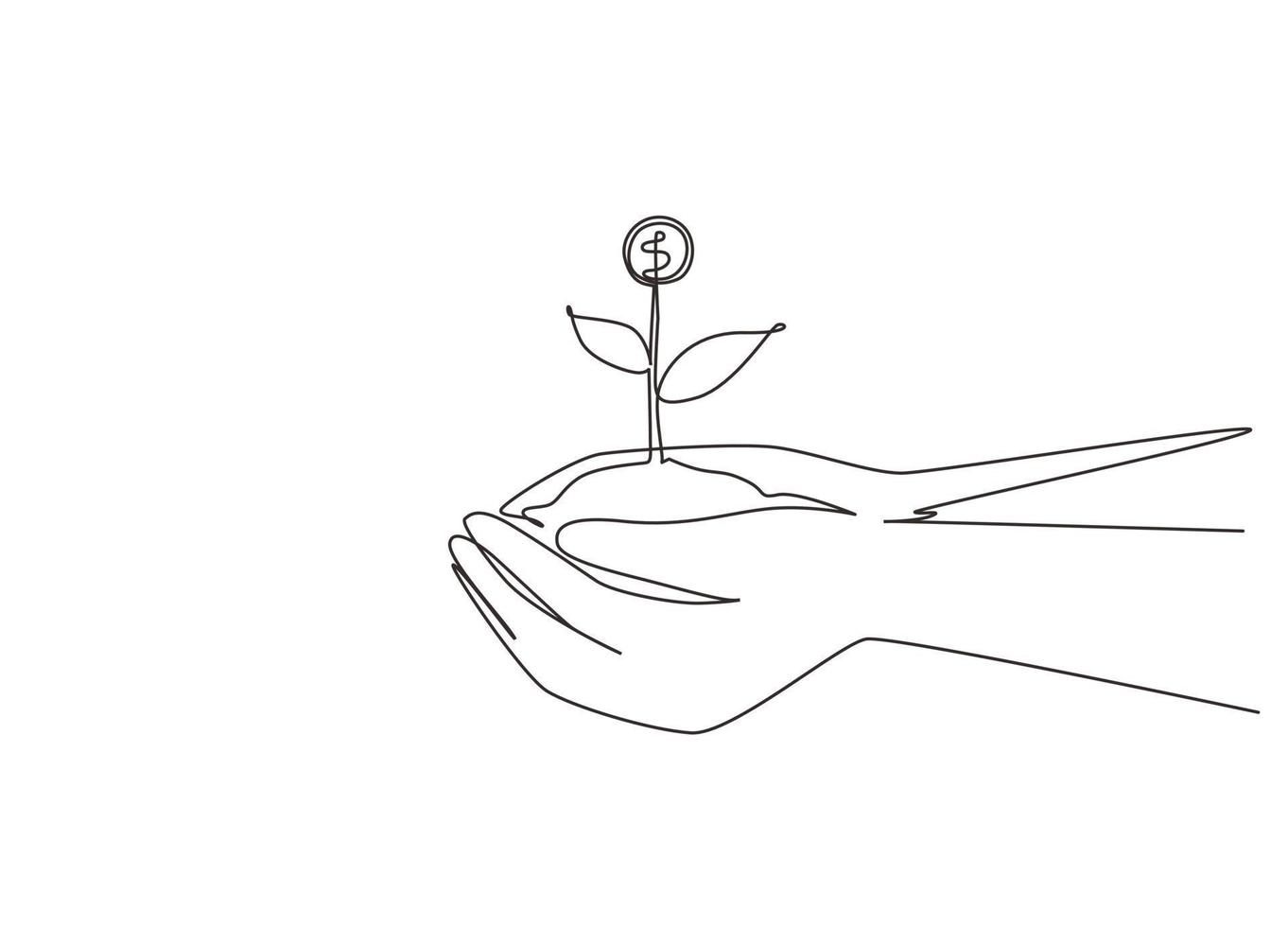 Single continuous line drawing hand holding sprout a money tree on nature field. Money tree investment growth income interest savings economy funds stock market. One line draw graphic design vector