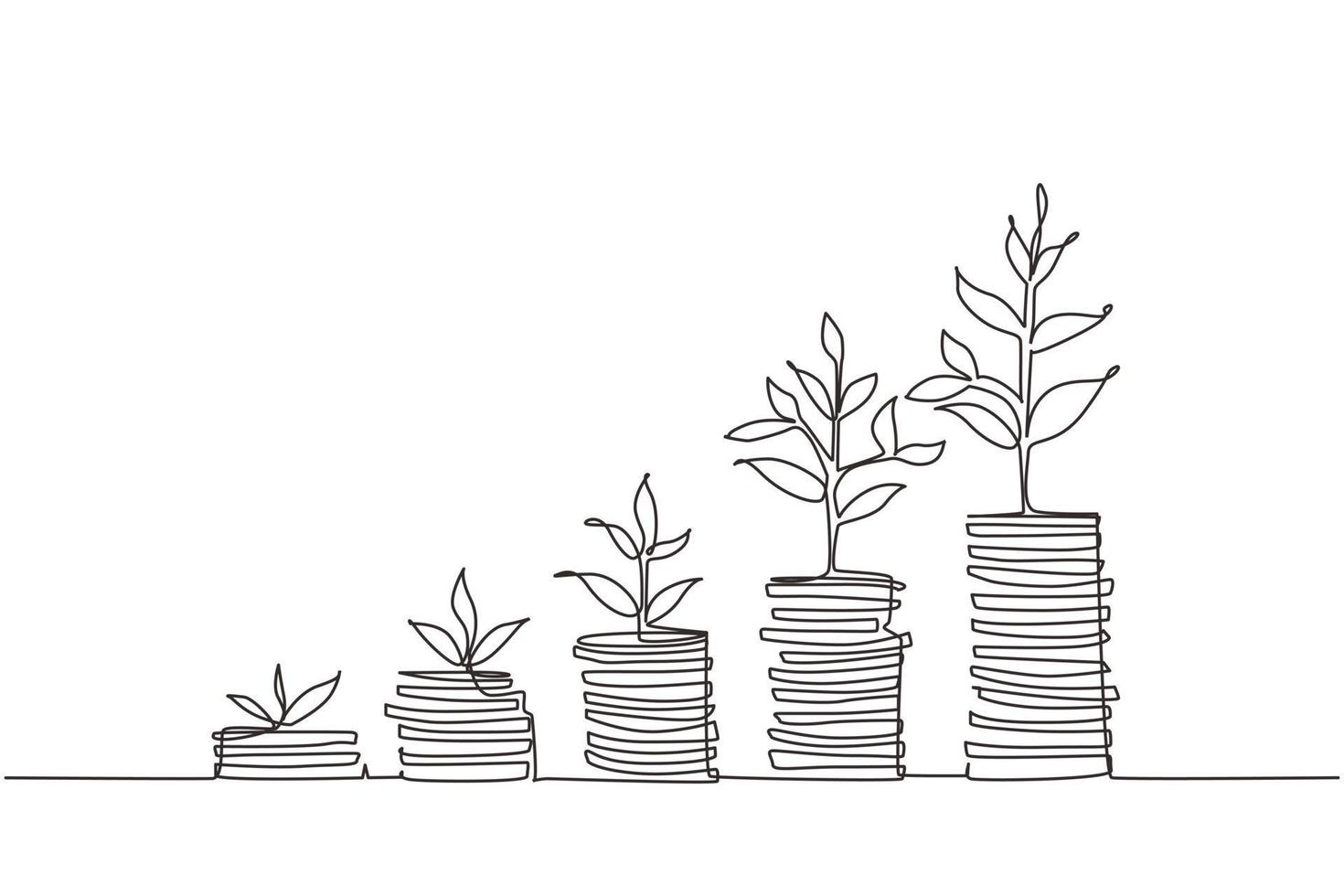 Single continuous line drawing step of coins stacks, money, saving and investment or family planning. Concept for return money saving and investment. One line draw graphic design vector illustration