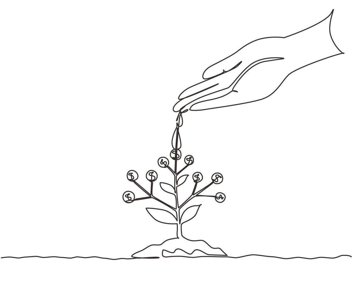 Single continuous line drawing hand nurturing and watering young money plants growing on fertile soil. Concept of money saving and investment. Dynamic one line draw graphic design vector illustration