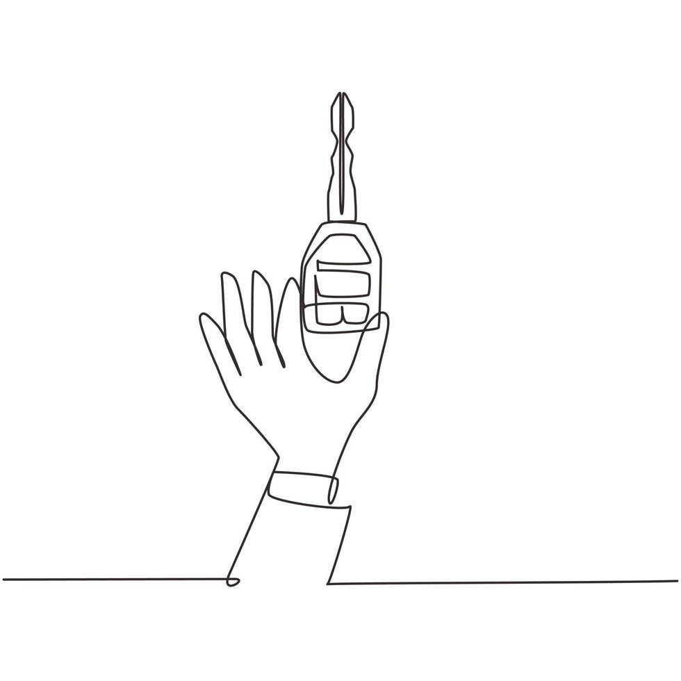 Single one line drawing male hand holding car key. Car sales theme. Hand of car salesman manager holding key isolated on white backdrop. Modern continuous line draw design graphic vector illustration