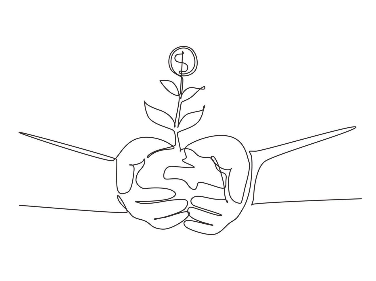 manos de dibujo de una línea continua sosteniendo la planta de dinero en el suelo sobre fondo blanco. mano de hombre de negocios sosteniendo brotar un árbol de dinero. ganancias, éxito en el trabajo, dinero. vector de diseño de dibujo de una sola línea