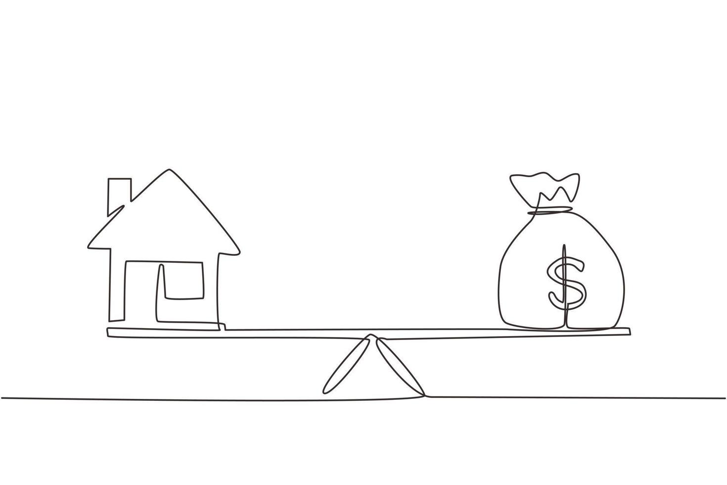 Single continuous line drawing money and home, loan, mortgage. Change home into cash concept. US Dollar in sack bag. Balance home and debt on scales. One line draw graphic design vector illustration