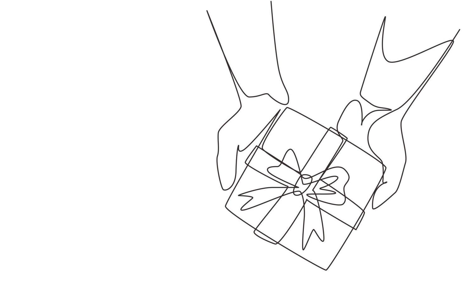 Single continuous line drawing man's hands holding kraft gift box tied with ribbon. Top view, holiday concept. Birthday greeting cards design. Dynamic one line draw graphic design vector illustration