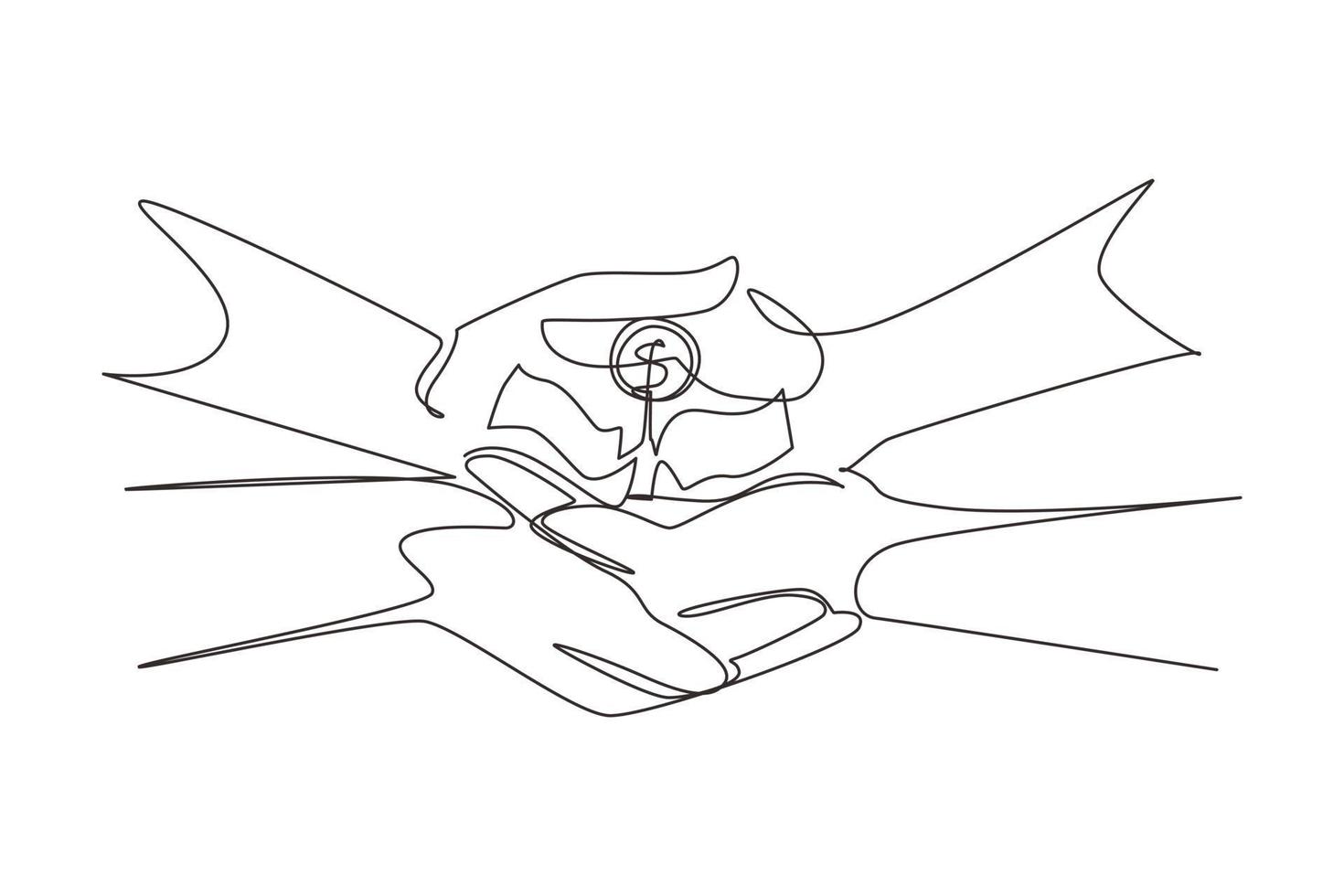 Single one line drawing two hands holding money tree together. Hand of businessman who pours money tree. Concept of earnings, success in work, money. Modern continuous line draw design graphic vector