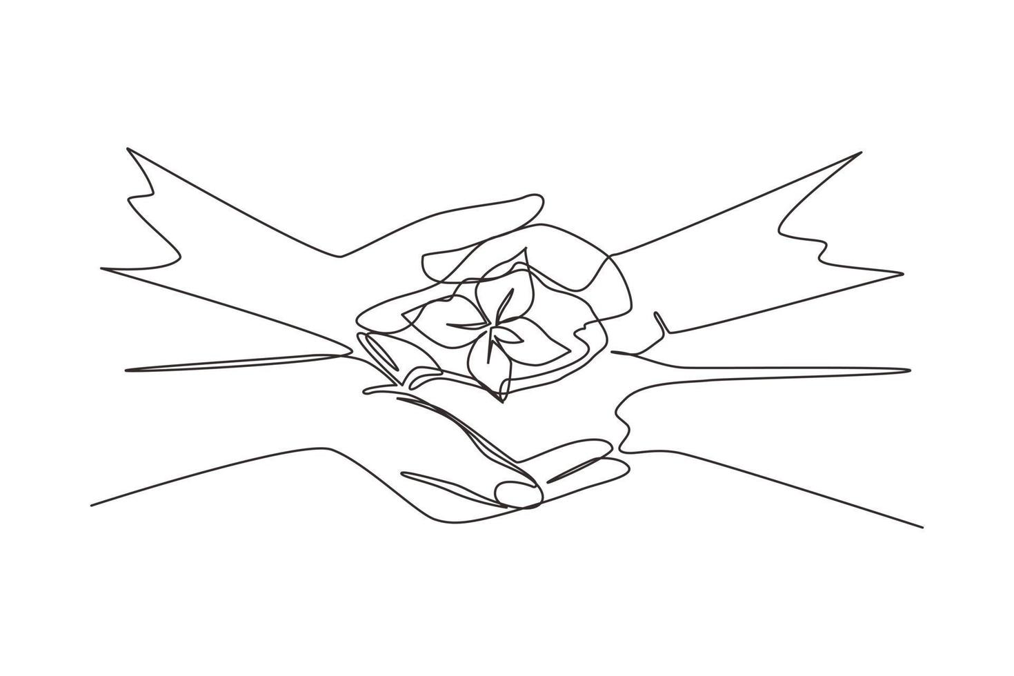 Single one line drawing two hands holding together young of a tree. Hands kids team work protecting and reduce global warming earth, top view. Continuous line draw design graphic vector illustration