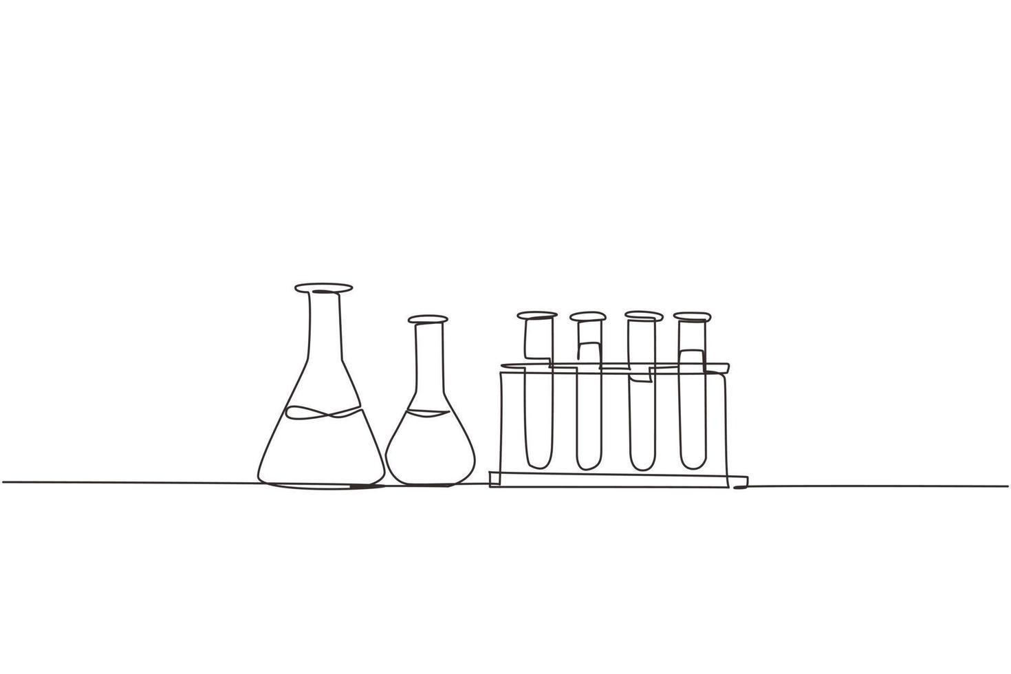 equipo de laboratorio de investigación química de dibujo de una sola línea.  cristalería de laboratorio de