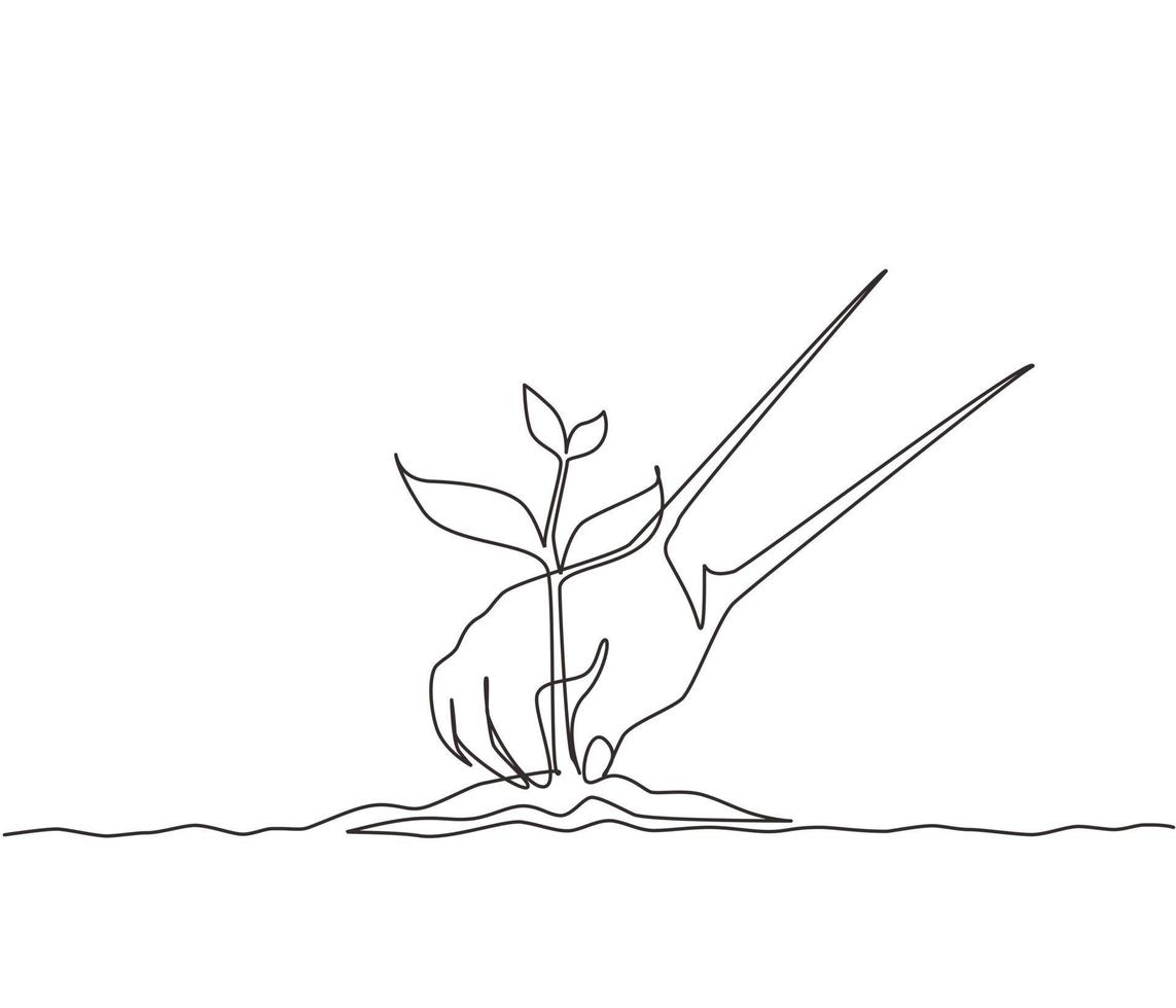 Single continuous line drawing young woman planting a tree in the garden. Ecology concept. The spring planting. Early seedlings grown from seeds. Agriculture. Earth day. Dynamic one line draw graphic vector