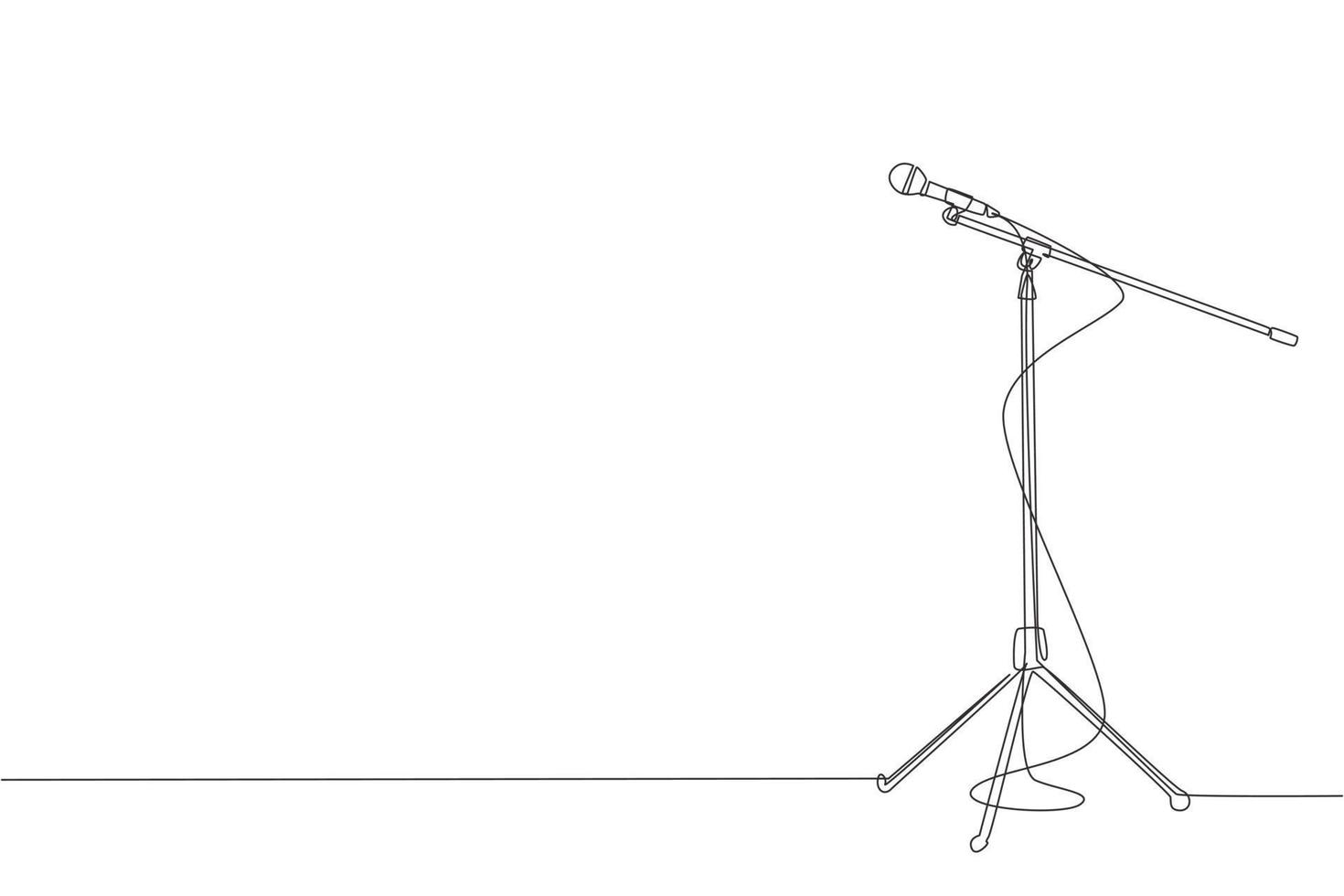 Single one line drawing microphone with cable on stand isolated on white background. Standing microphone on stage for sing competition. Modern continuous line draw design graphic vector illustration