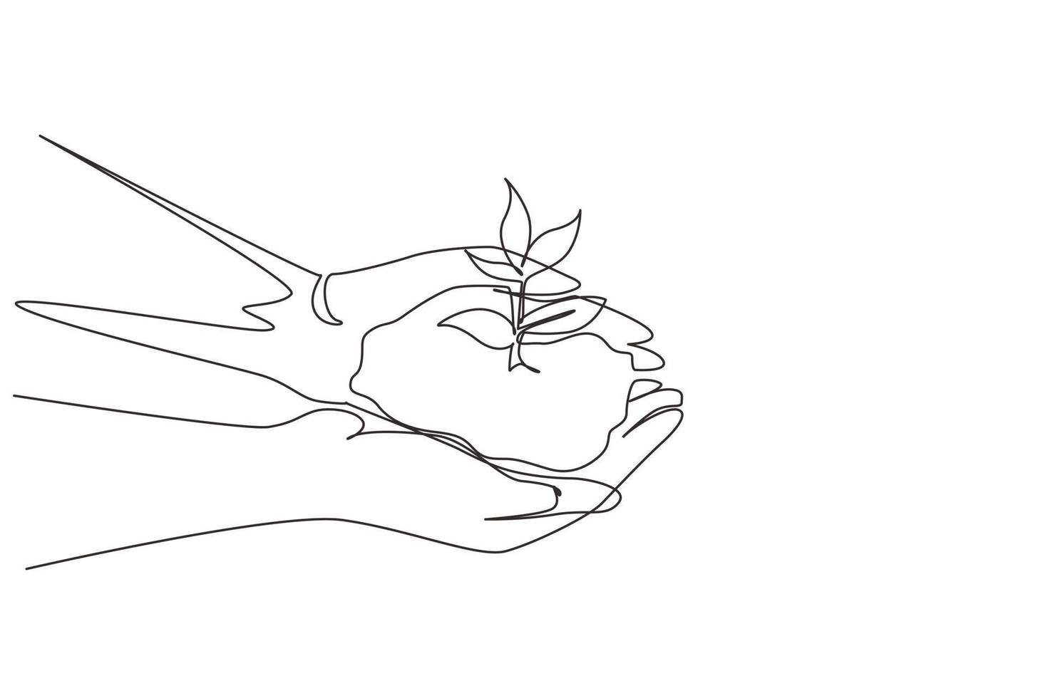 Single continuous line drawing hand holding sprout wilde pine tree in nature green forest. Earth Day save environment concept. Growing seedling forester planting. One line draw graphic design vector