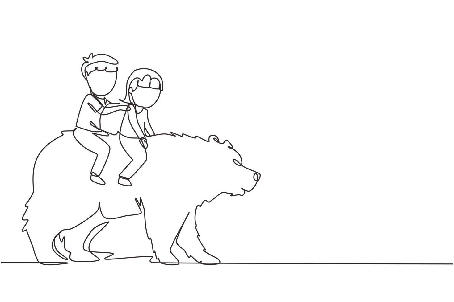 Continuous one line drawing happy boy and girl riding brown grizzly bear together. Children sitting on back big bear at circus event. Kids learning to ride beast animal. Single line draw design vector