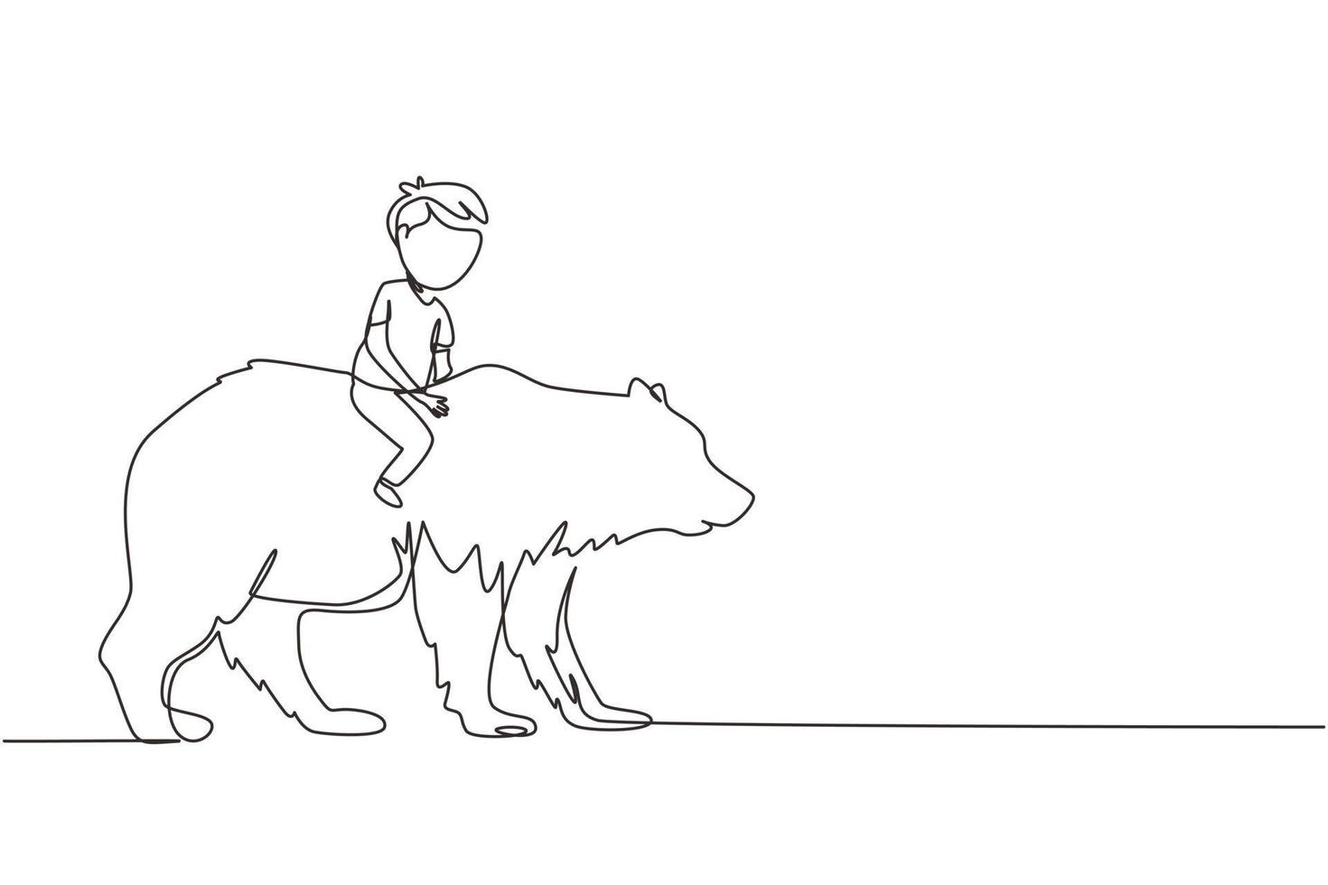 Single one line drawing happy little boy riding brown grizzly bear. Child sitting on back big bear at circus event. Kids learning to ride beast animal. Continuous line draw design graphic vector