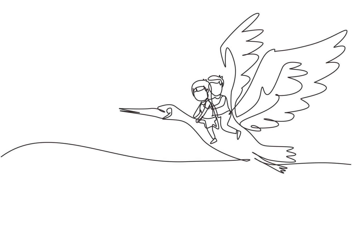 Single continuous line drawing happy little boy and girl flying with stork together. Children fly and sitting on back stork bird at sky. Kids learning to ride cute stork. One line draw graphic vector