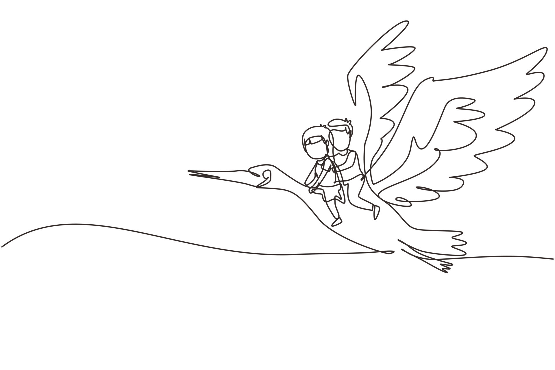 Single continuous line drawing happy little boy and girl flying with stork  together. Children fly and sitting on back stork bird at sky. Kids learning  to ride cute stork. One line draw