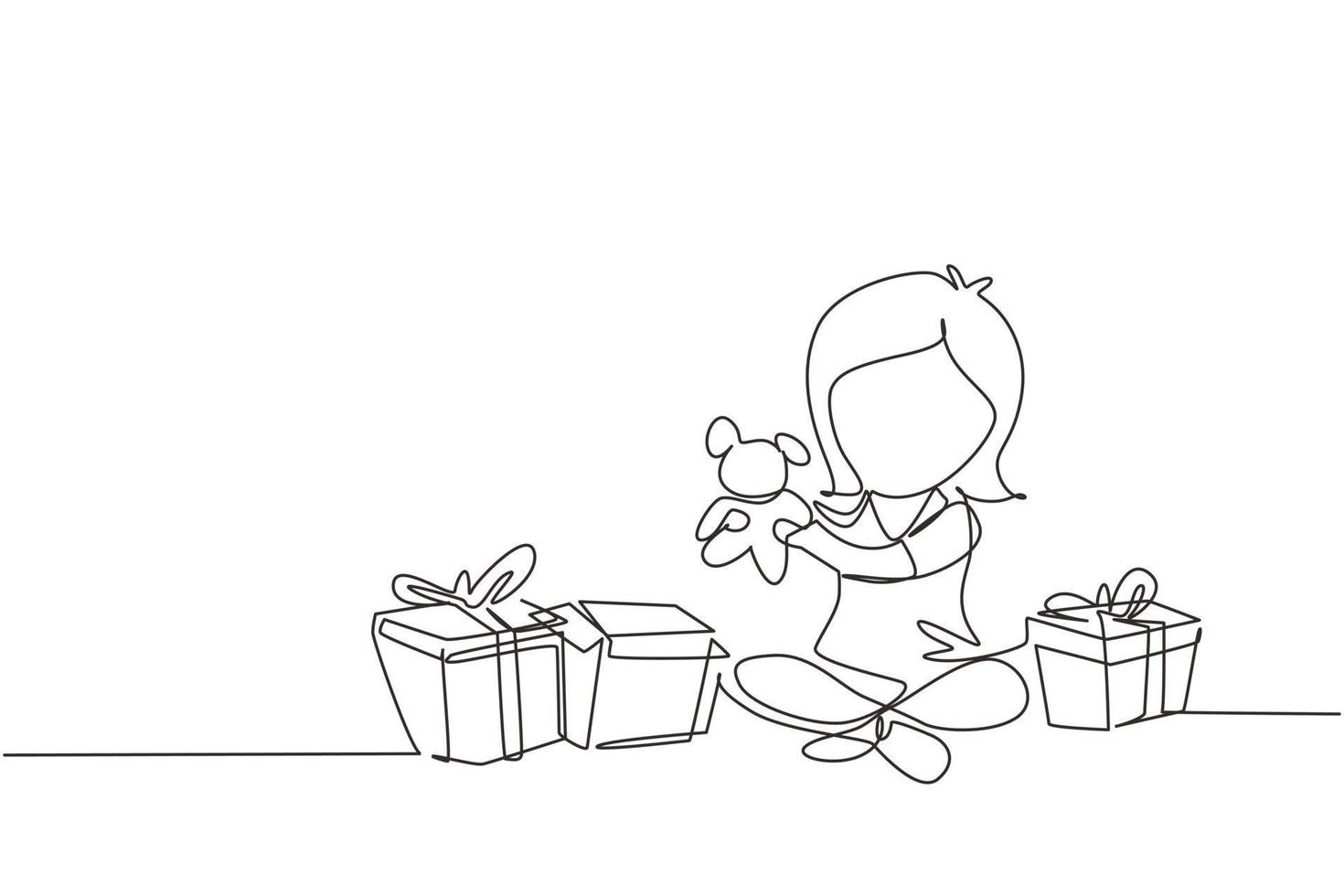 Continuous one line drawing excited little girl kid opening wrapped gift box decorated with ribbon bow. Happy cute little kid girl receive teddy bear gift from birthday. Single line draw design vector