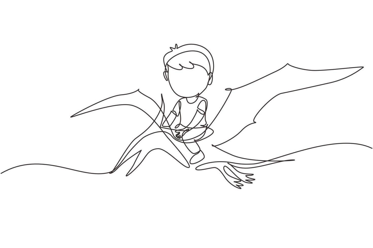 Single continuous line drawing boy riding flying dinosaur. Pterodactyl ride with young kid sitting on back of dinosaur and flying high in sky. Dynamic one line draw graphic design vector illustration