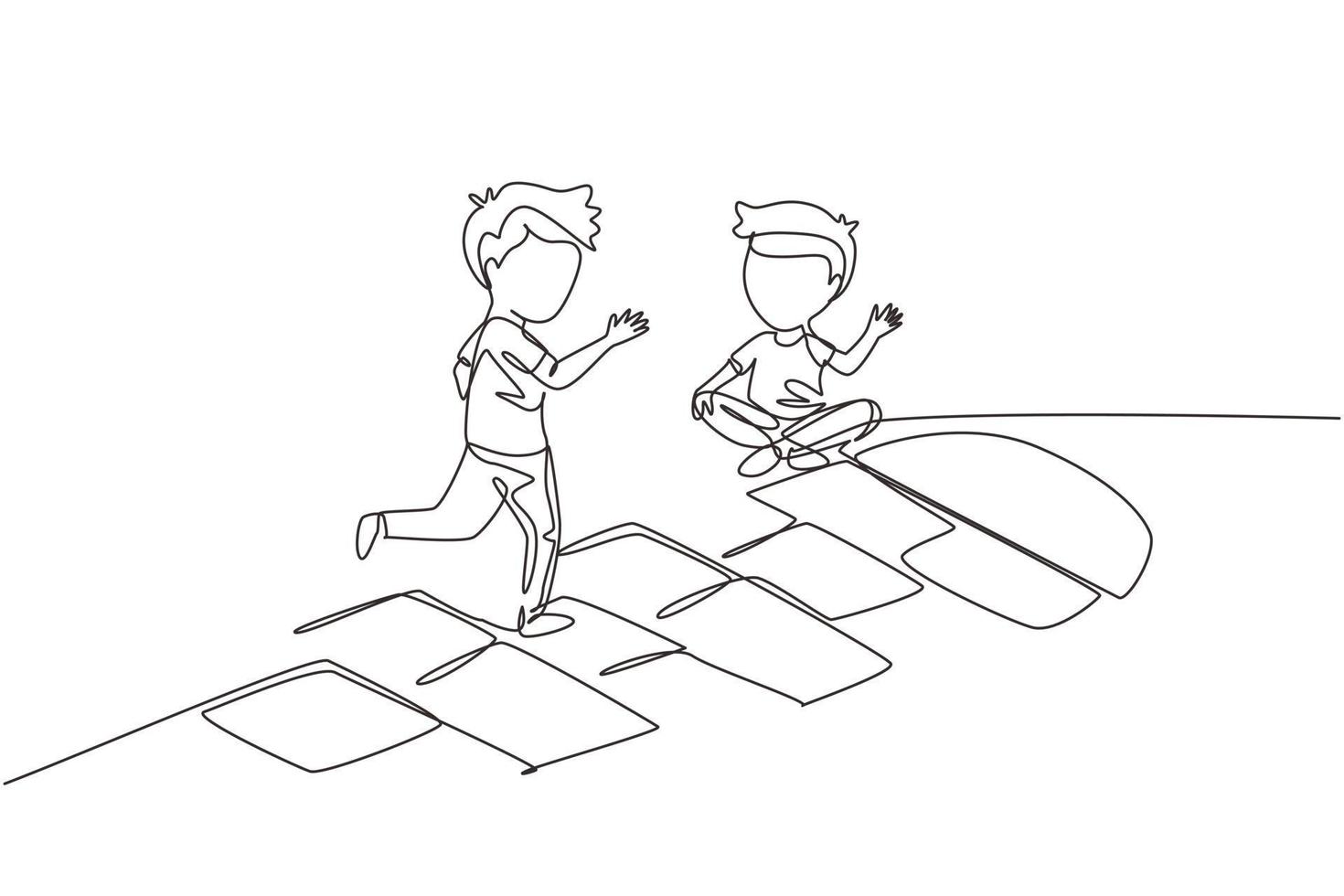 Single continuous line drawing two little boys playing hopscotch at kindergarten yard. Kids playing hopscotch game outside. Hop scotch court drawn with chalk. One line draw graphic design vector