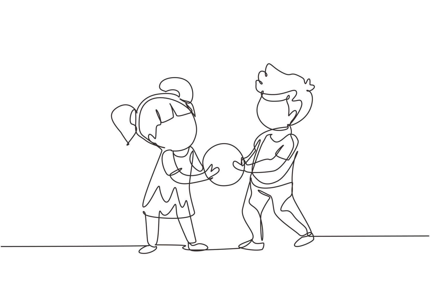 Continuous one line drawing Kids girl and boy brother  sister fighting over a ball. Conflict between children. Kids sibling fighting in playroom because of toy. Single line draw design vector graphic