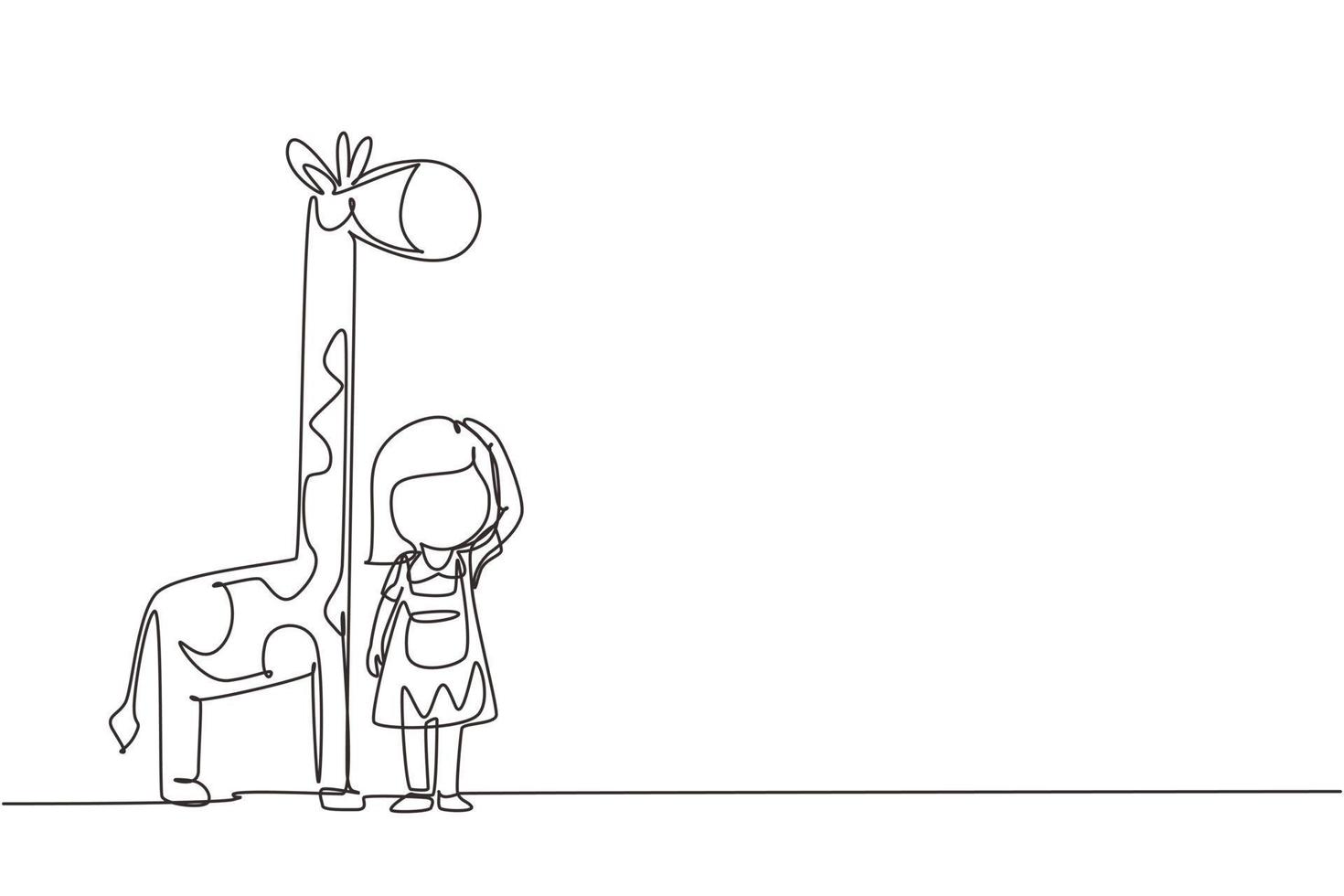 Continuous one line drawing little girl measuring her height with giraffe height chart on wall. Kid measures growth. Child measuring height concept. Single line draw design vector graphic illustration