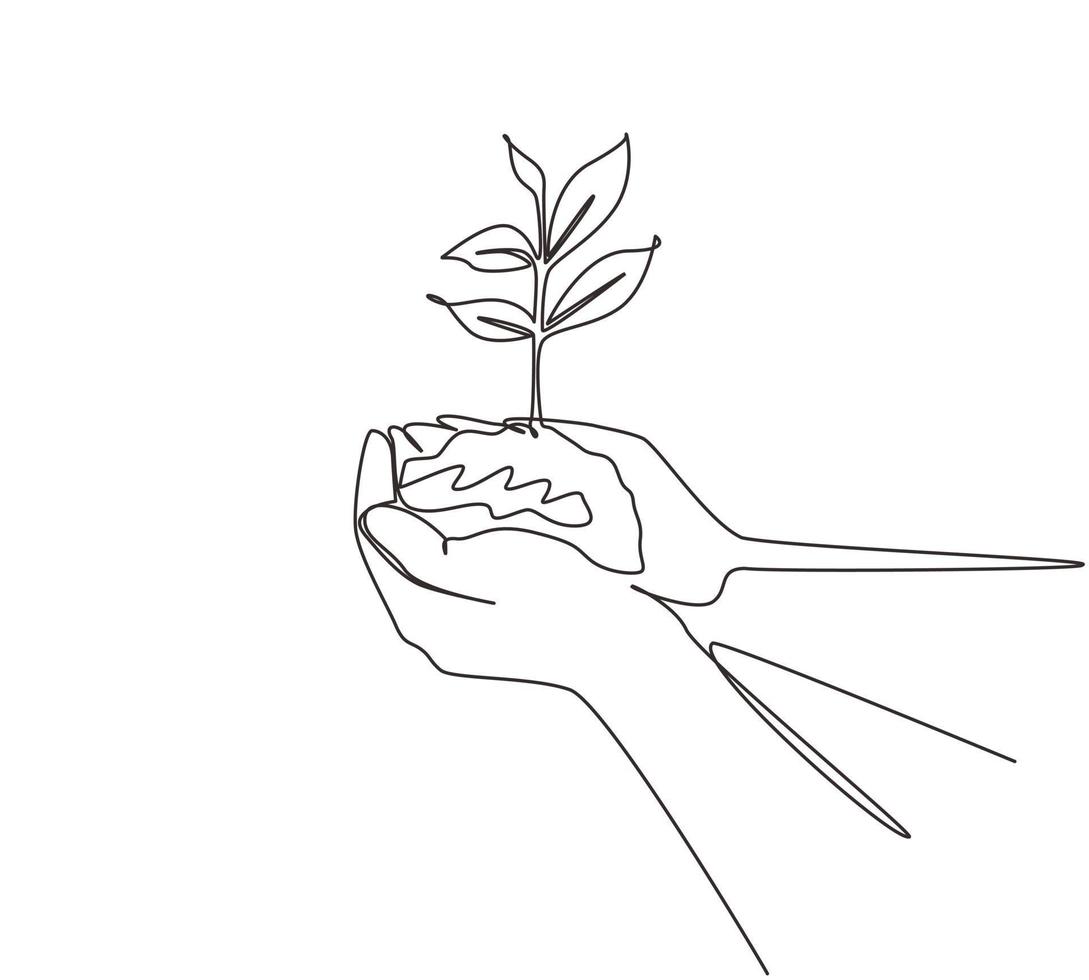 Single continuous line drawing hands of the farmer are planting the seedlings into the soil. Hand holding tree on nature field grass. Agriculture ecology concept. One line draw graphic design vector