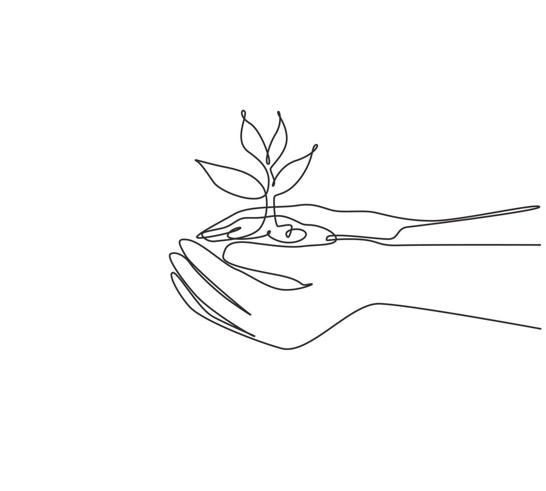 Continuous one line drawing environment earth day in the hands of trees growing seedlings. Hand holding tree on nature field grass forest conservation concept. Single line draw design vector graphic