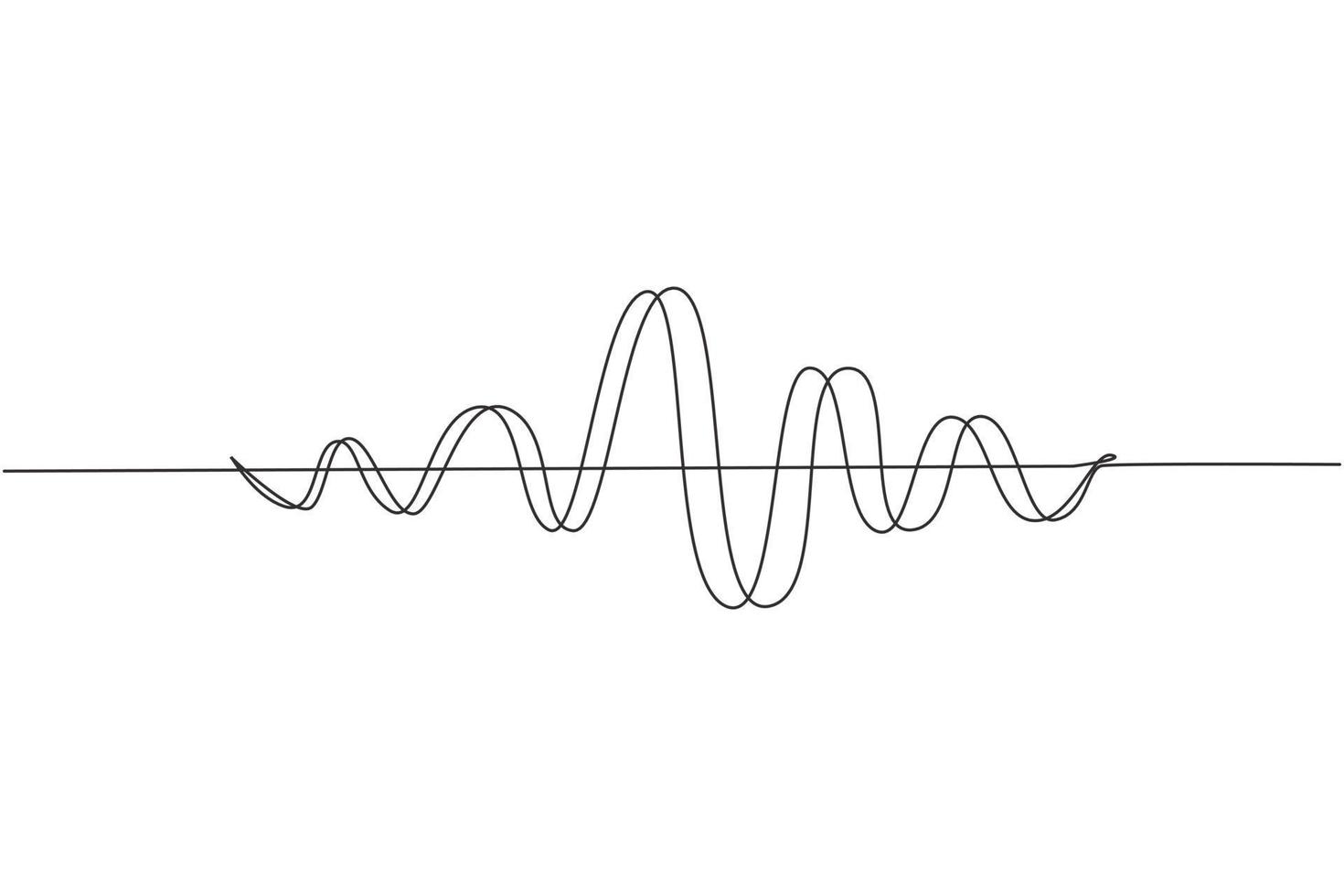 una sola línea continua que dibuja ondas de sonido negras. frecuencia de audio musical, forma de onda de línea de voz, señal de radio electrónica, símbolo de nivel de volumen. ondas de radio de curva vectorial. diseño gráfico de dibujo de una línea vector