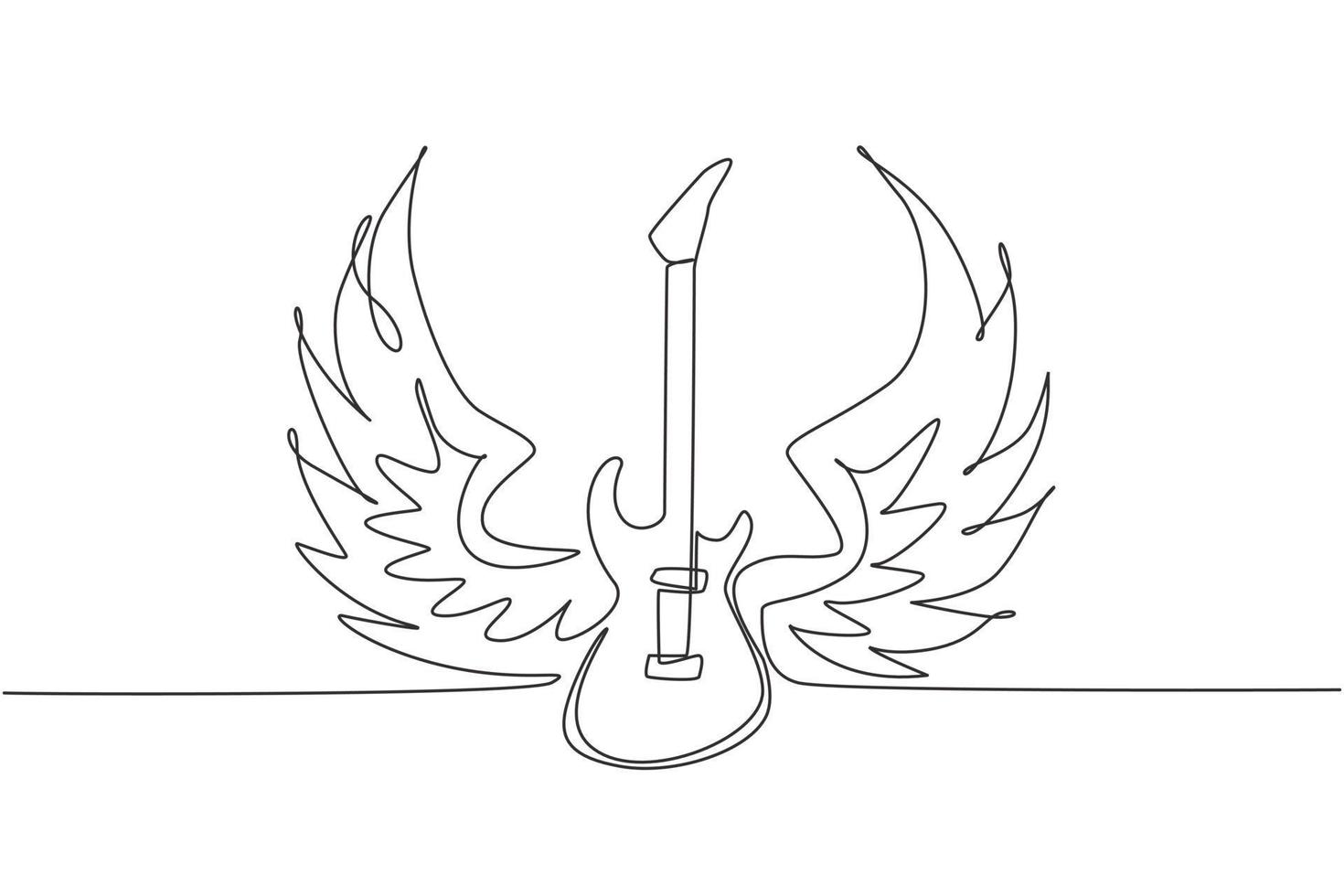 Single one line drawing vintage vector label with rock and roll forever and guitar T-Shirt Print. Music design. Hand drawn trace image. Hipster rock festival poster. Continuous line draw design