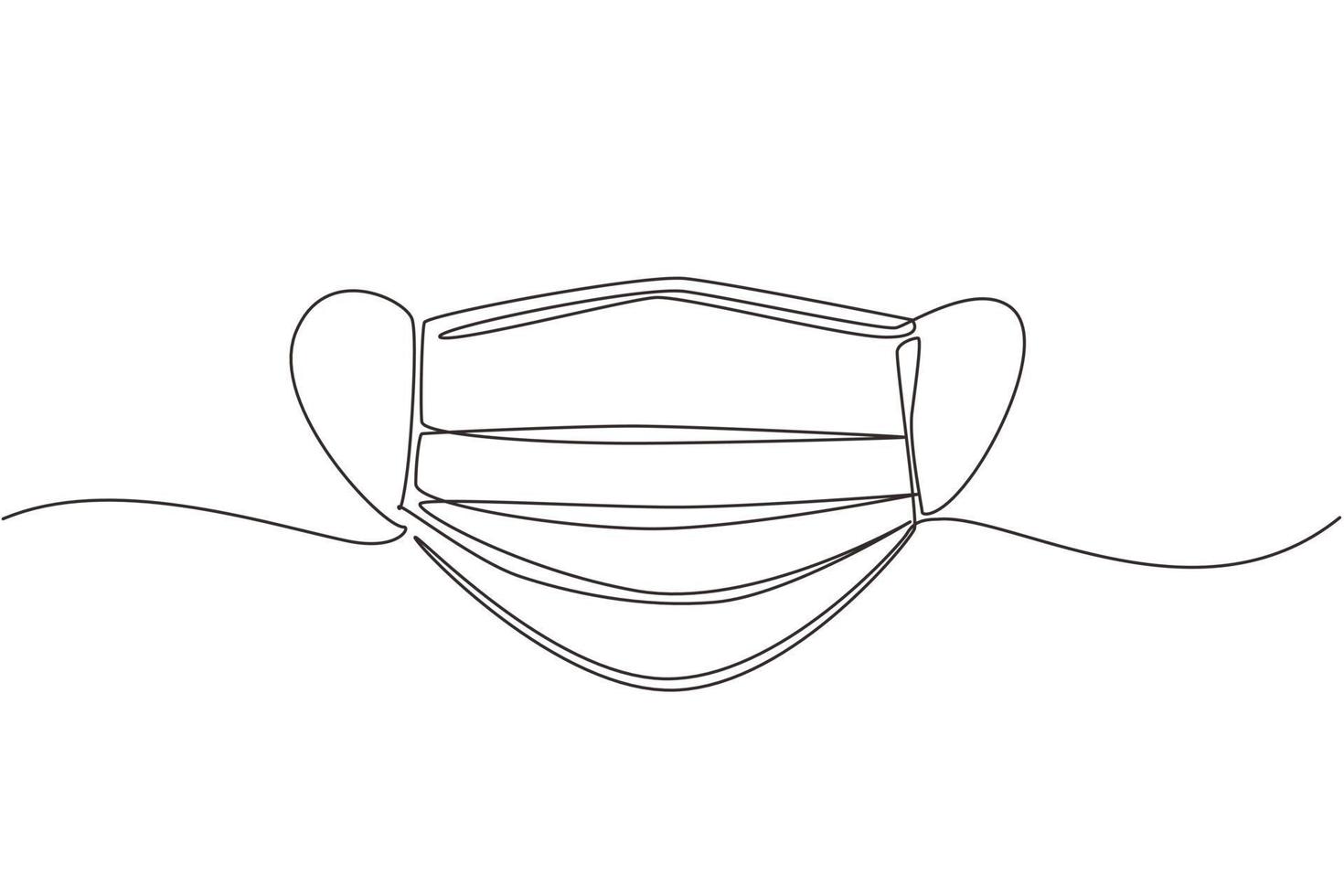 Single continuous line drawing surgical face mask. Medical protective masks. Corona virus protection mask with ear loop, in a front, three ply. Dynamic one line draw graphic design vector illustration