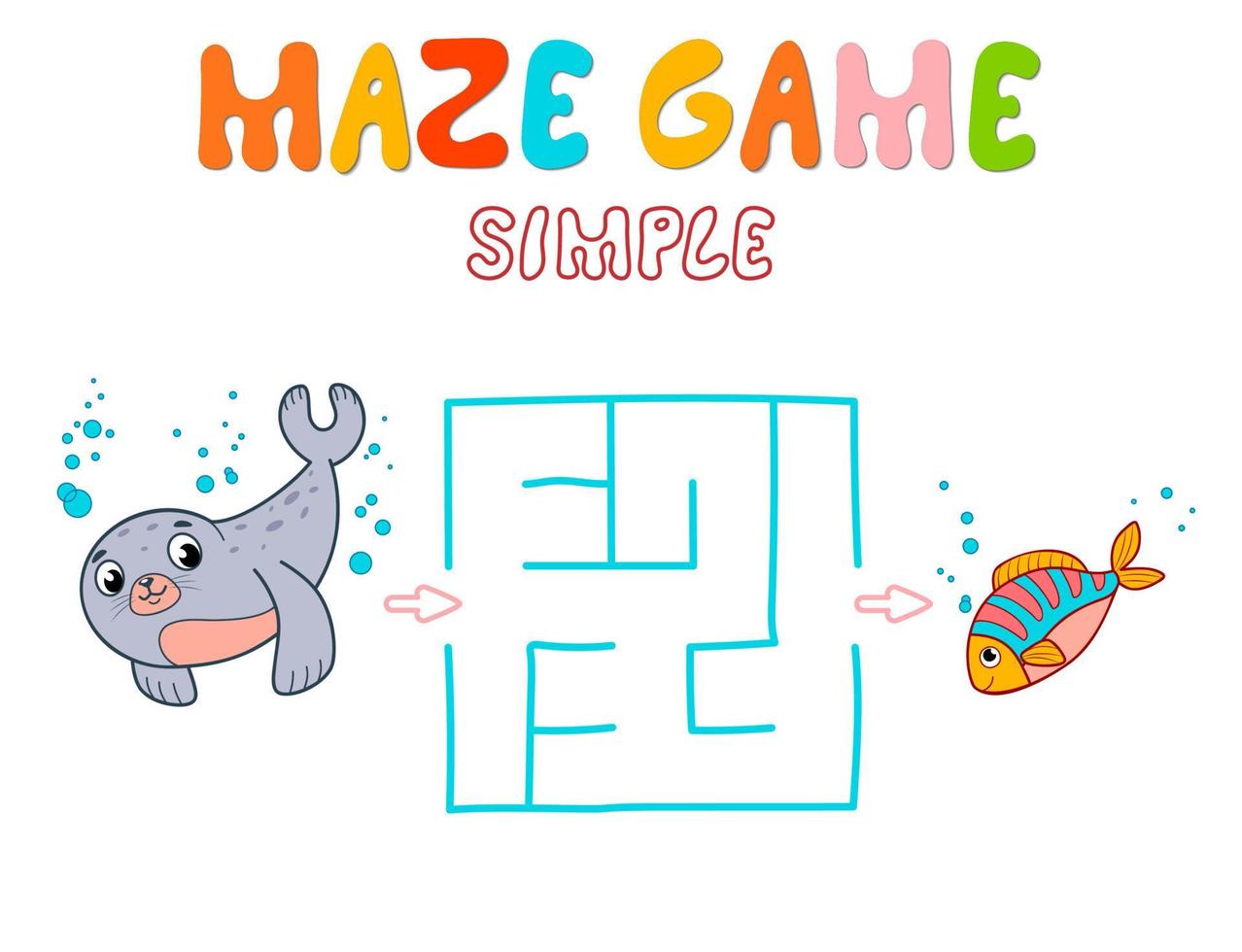 Simple Maze puzzle game for children. Color simple maze or labyrinth game with seal. vector
