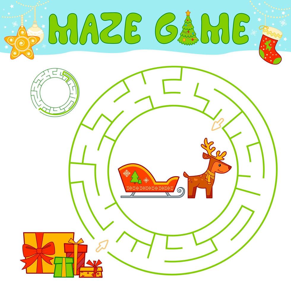 Christmas maze puzzle game for children. Circle maze or labyrinth game with Christmas sled. vector