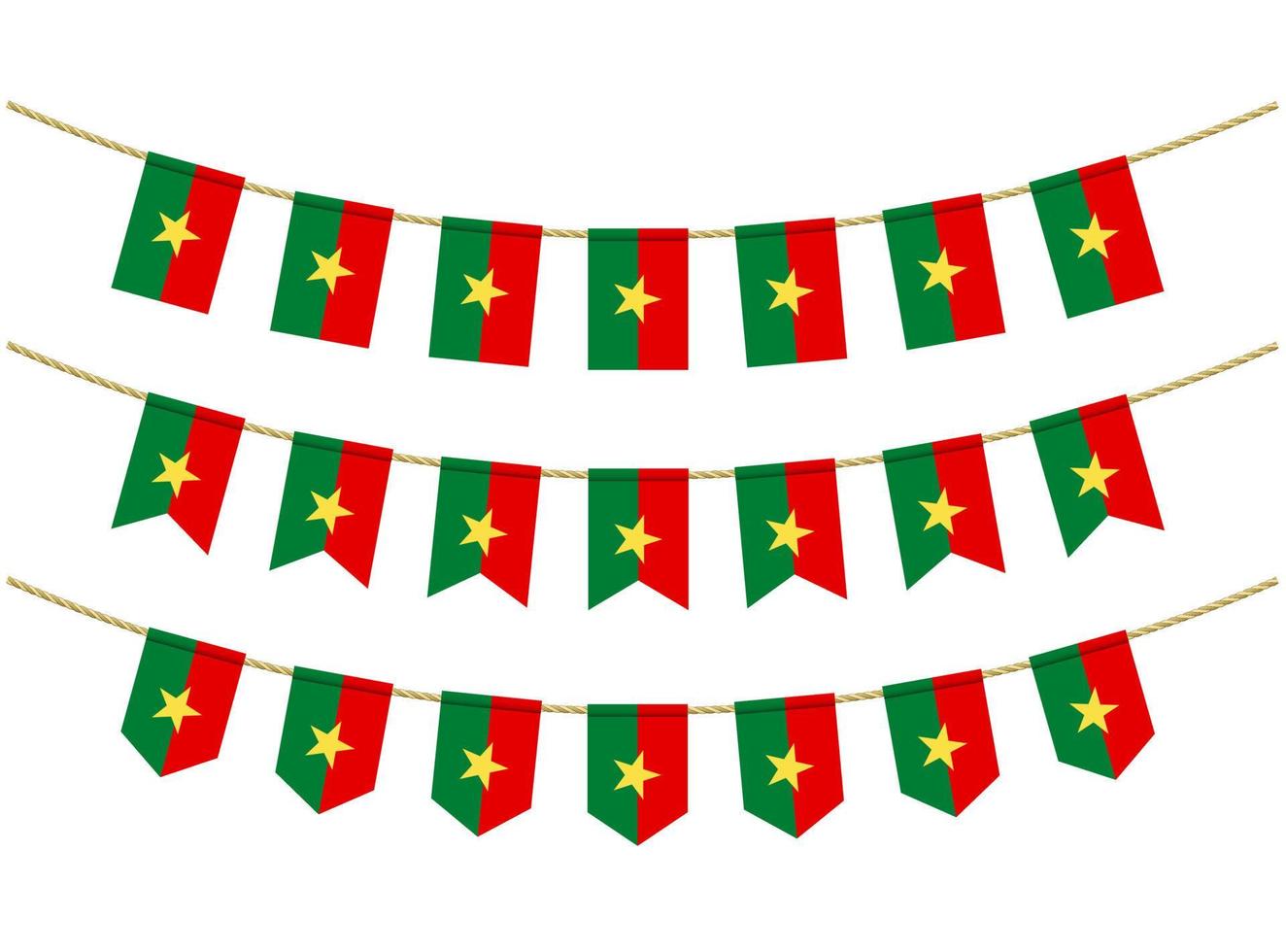 bandera de burkina faso en las cuerdas sobre fondo blanco. conjunto de banderas patrióticas del empavesado. decoración del empavesado de la bandera de burkina faso vector