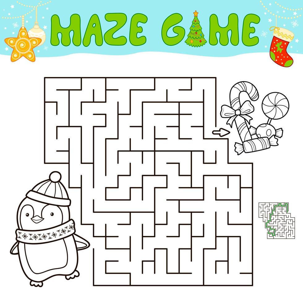 Christmas Maze puzzle game for children. Outline maze or labyrinth game with christmas penguin. vector