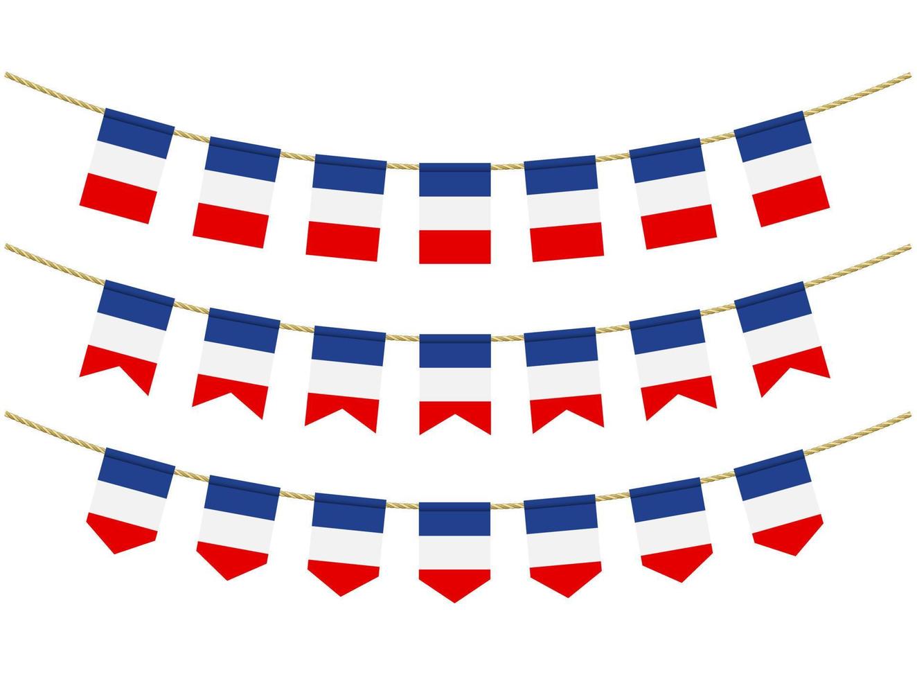 France flag on the ropes on white background. Set of Patriotic bunting flags. Bunting decoration of France flag vector