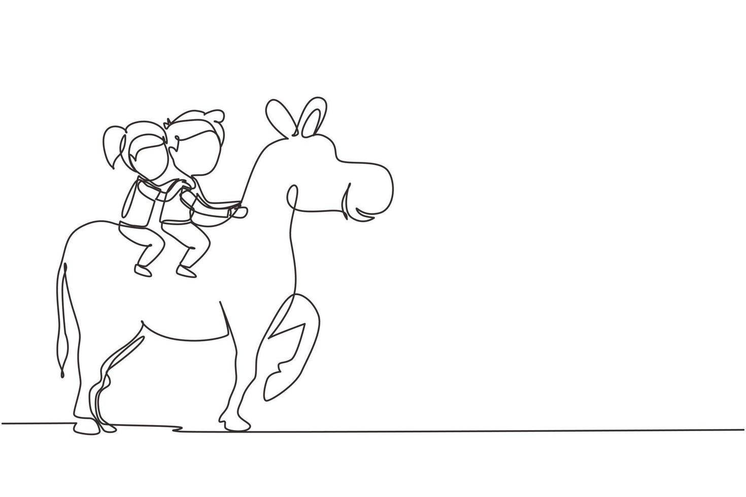 Single continuous line drawing happy cute boy and girl riding donkey together. Children sitting on back donkey with saddle in ranch park. Kids learning to ride donkey. One line draw graphic vector