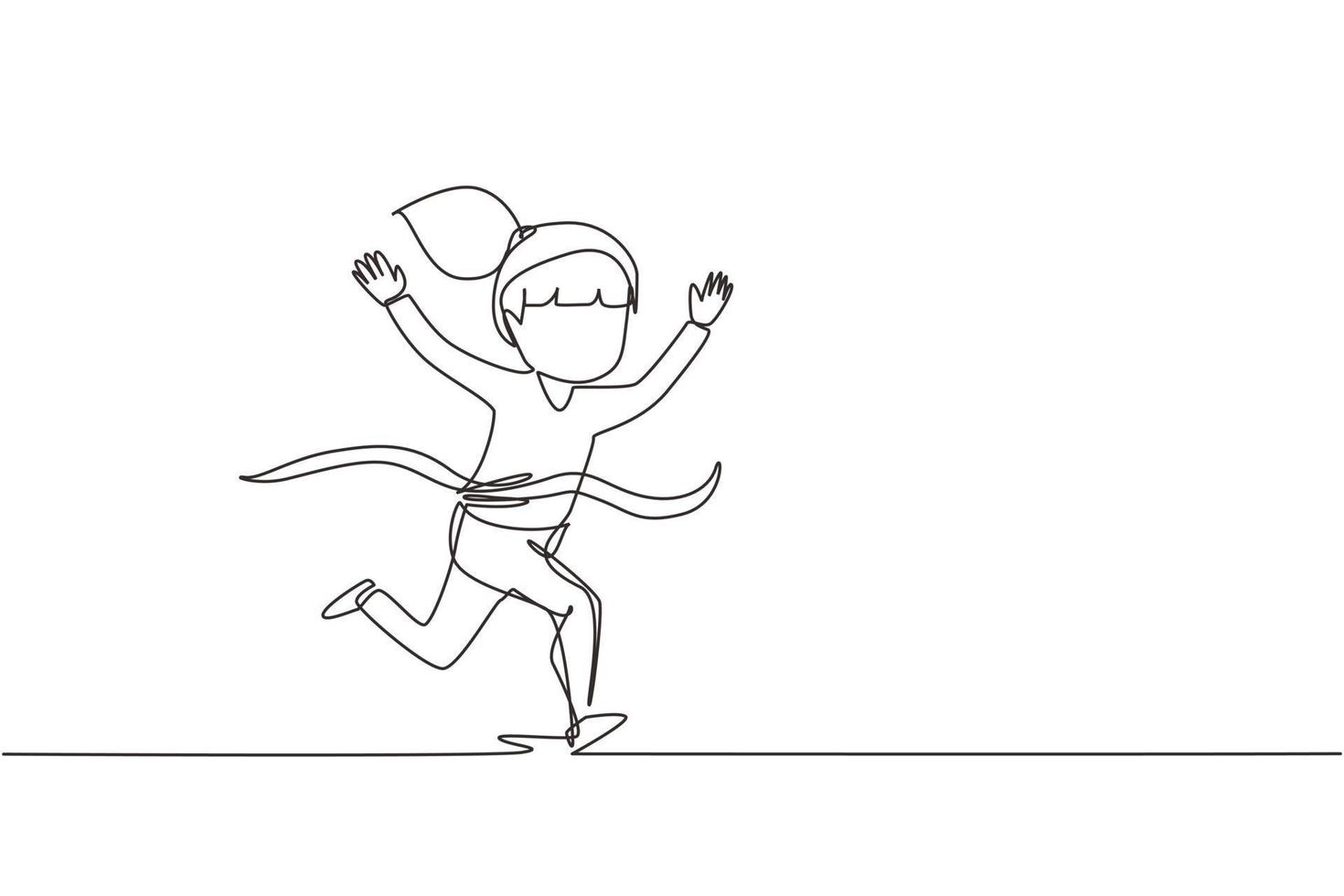 Continuous one line drawing cute girl run in race and win first place
