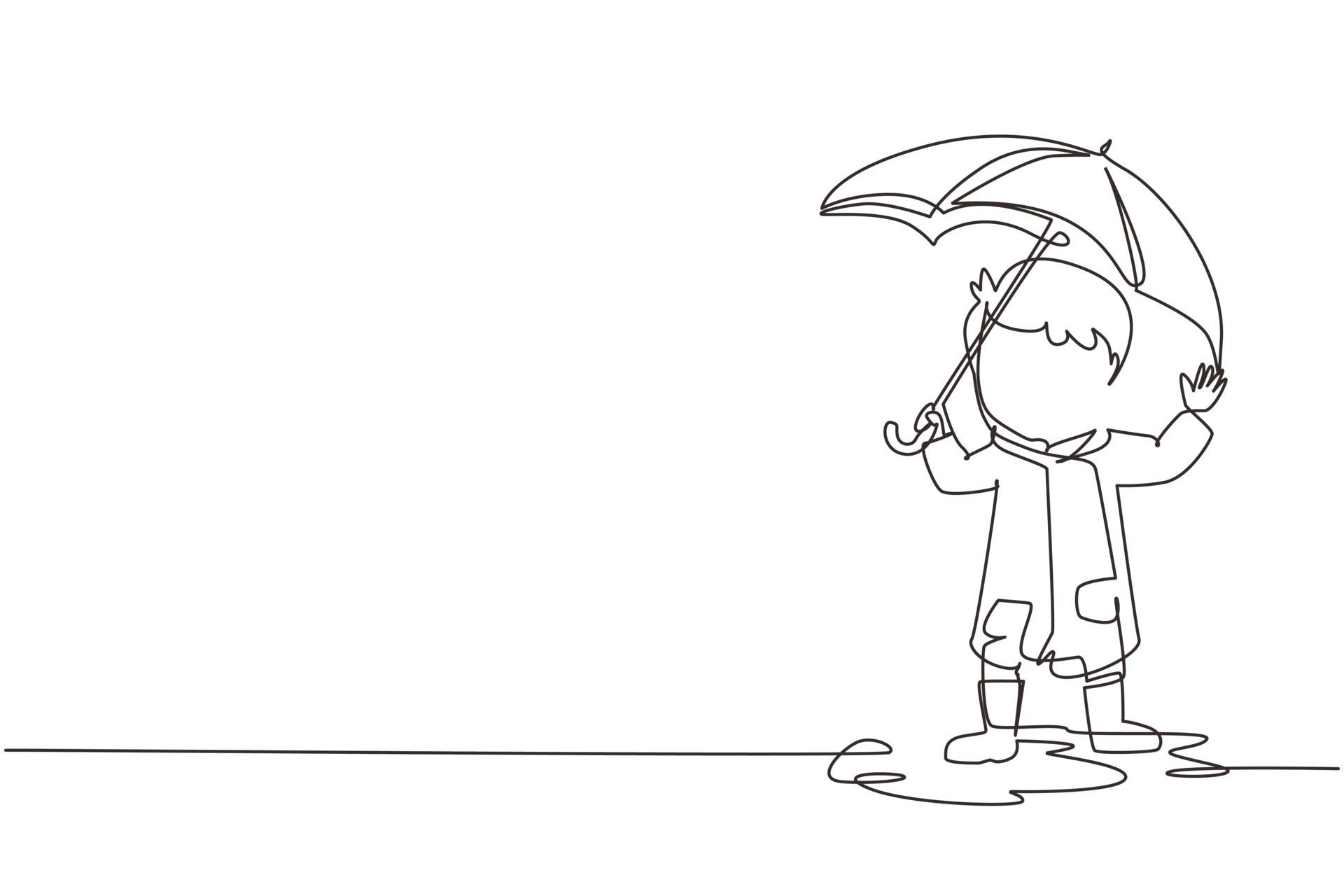 Continuous one line drawing little boy play wear raincoat and umbrella