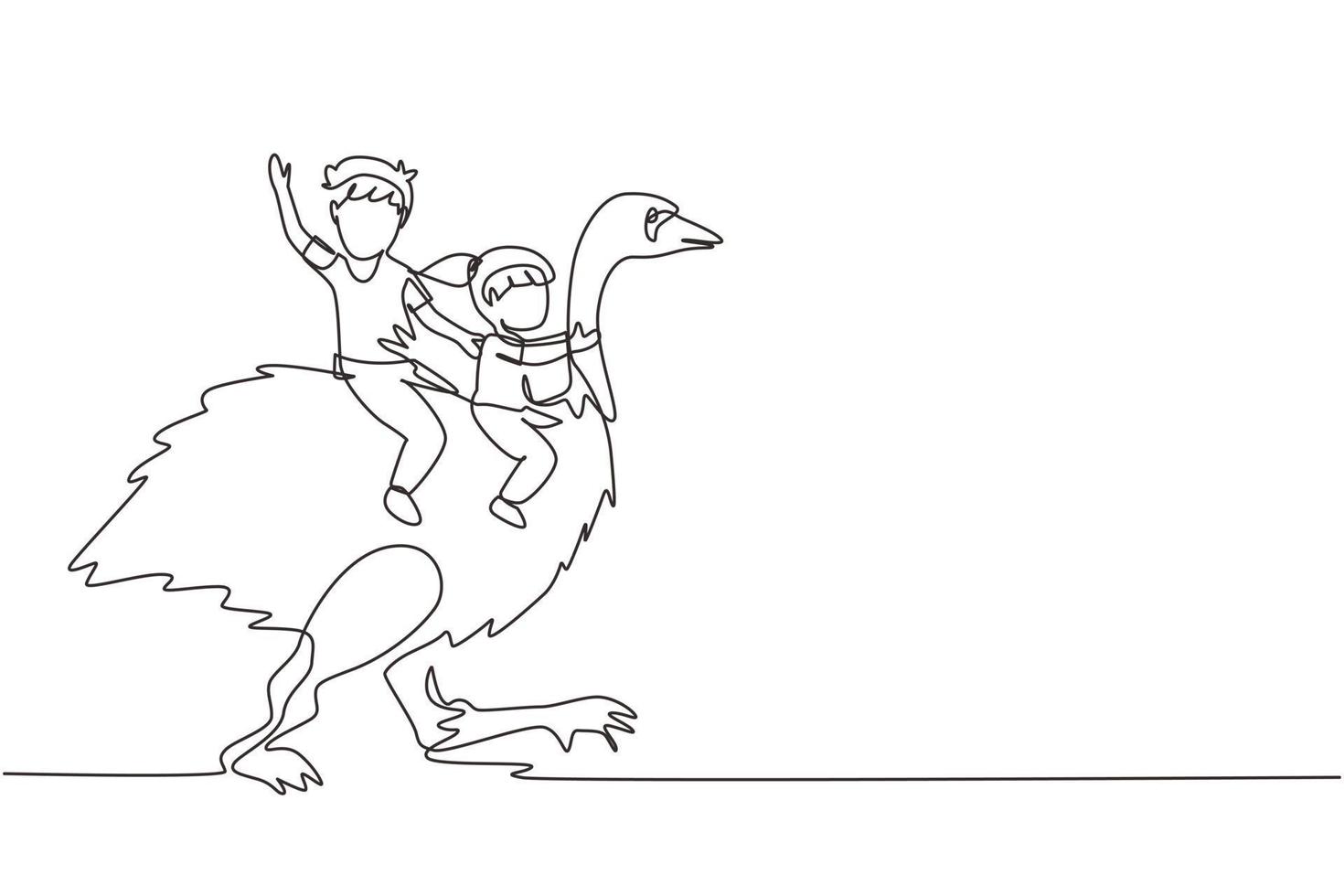Continuous one line drawing happy little boy and girl riding cute ostrich together. Children sitting on back ostrich with holding its neck. Kid learning to ride ostrich. Single line draw design vector