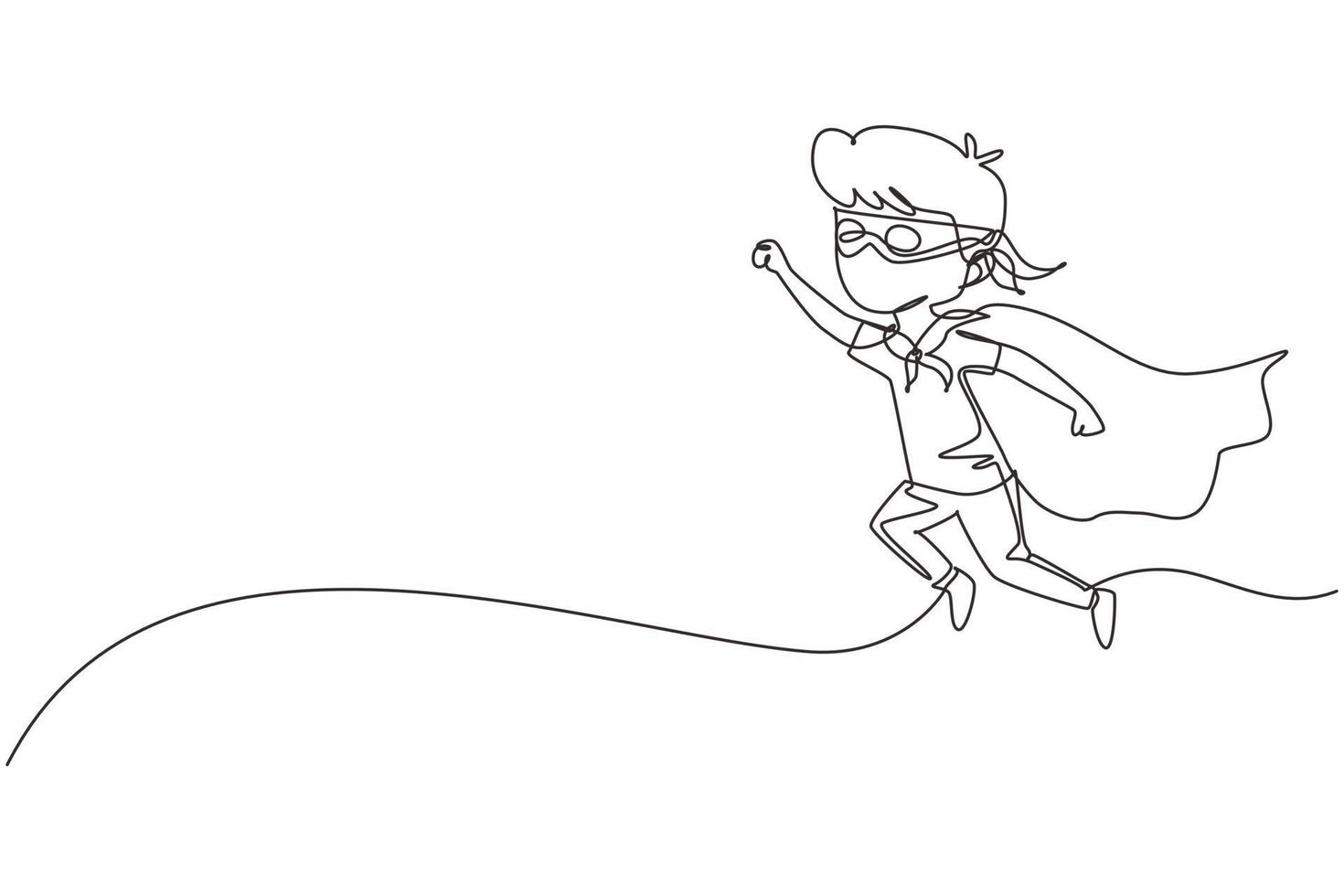 Single continuous line drawing boy flies through air in super hero pose with outstretched hand. Kid in super hero costume with mask on his face and cloak tied around neck. One line draw graphic design vector