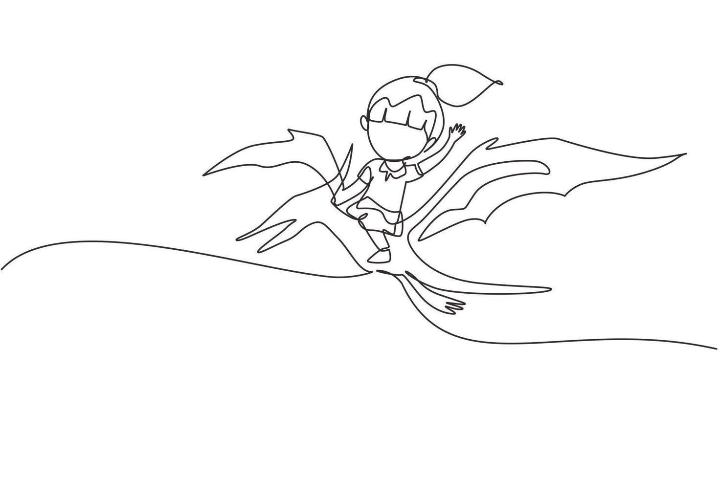 Continuous one line drawing girl riding flying dinosaur. Pterodactyl ride with young kid sitting on back of dinosaur and flying high in sky. Single line draw design vector graphic illustration