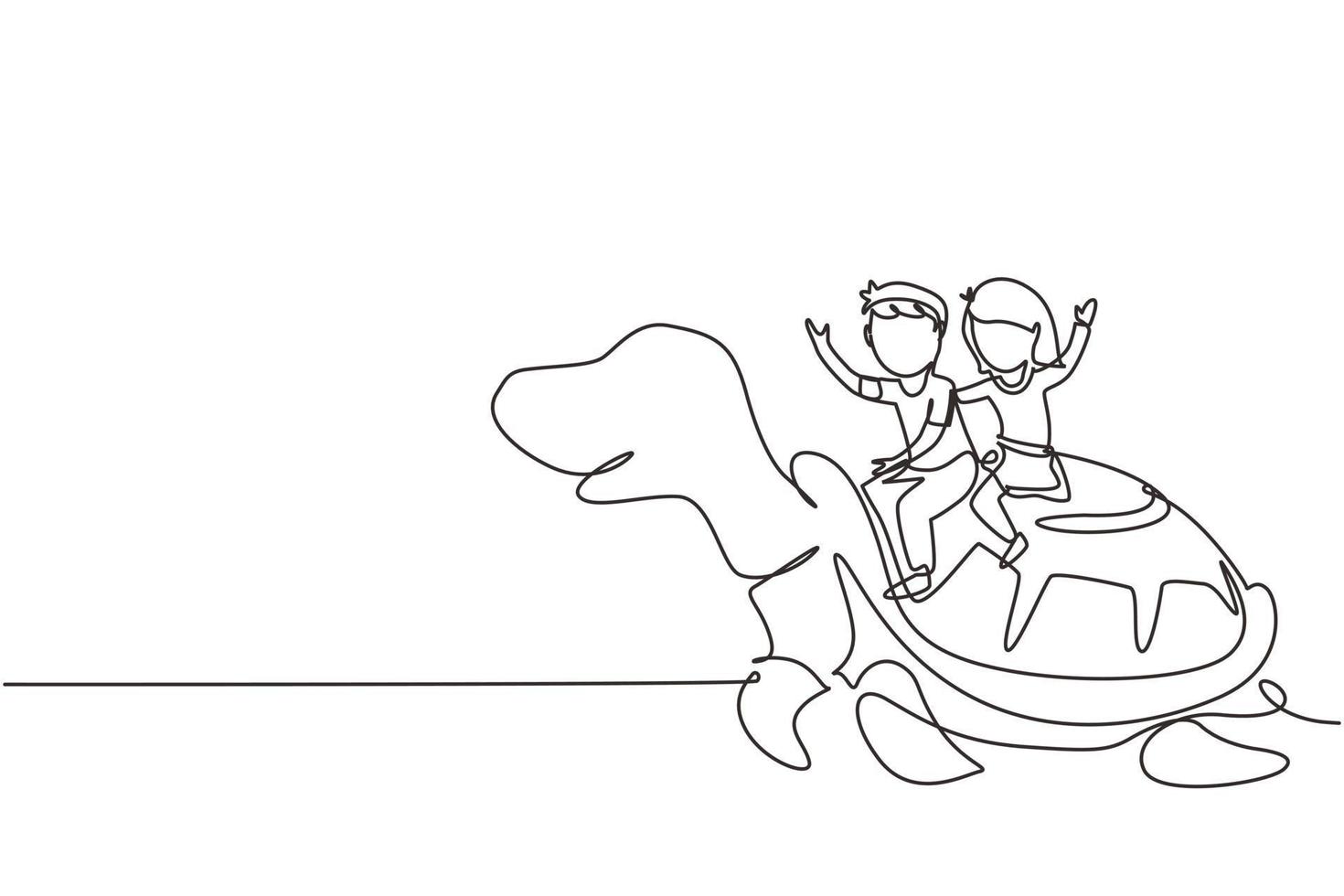 Continuous one line drawing little boy and girl riding sea turtle together. Children sitting on back tortoise with fins diving in beach. Kids learning to ride turtle. Single line draw design vector