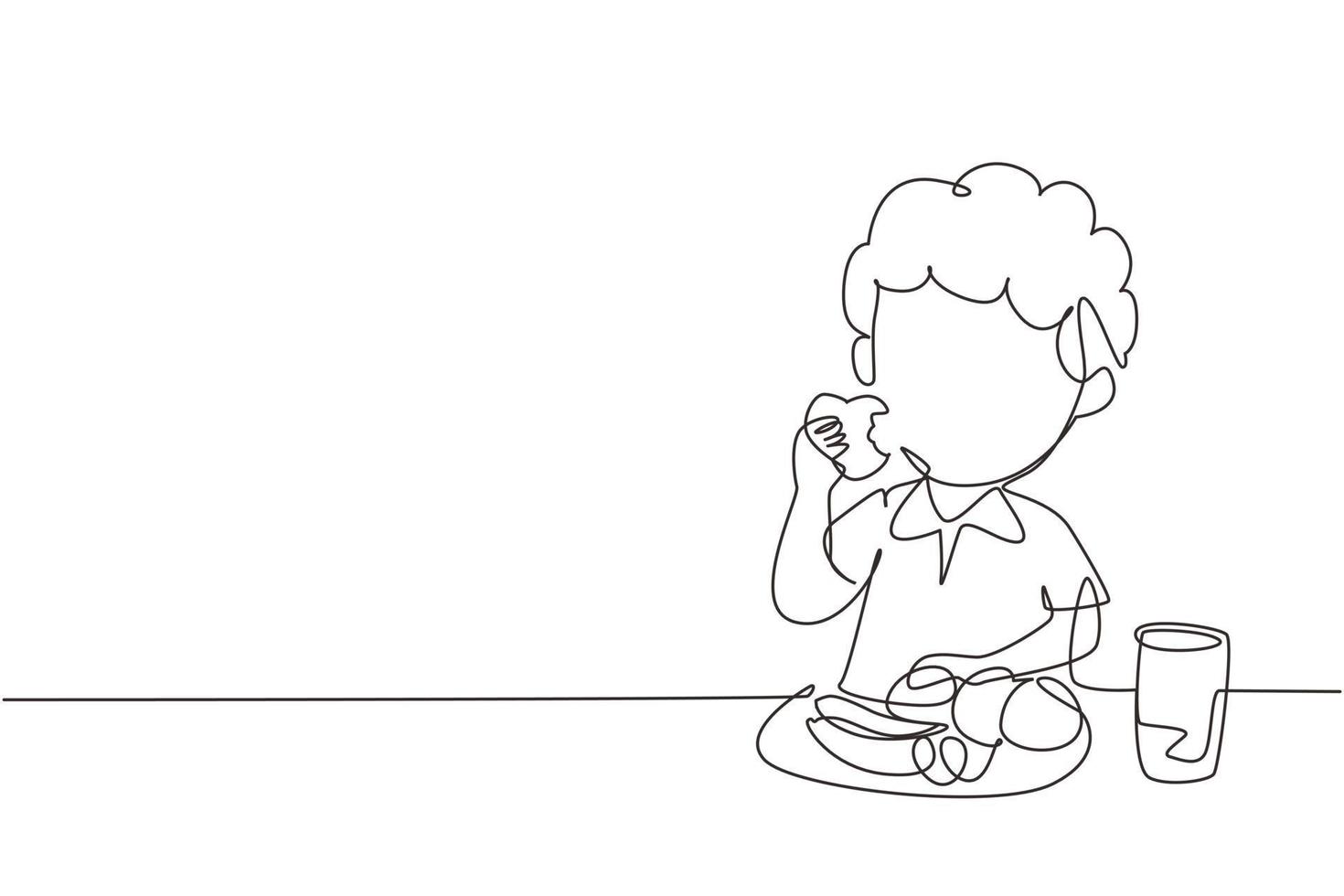 Single one line drawing boy eating fruit. Sitting at table eating apple. Watermelon and banana in tray placed on table at home. Healthy food for kids. Modern continuous line draw design graphic vector