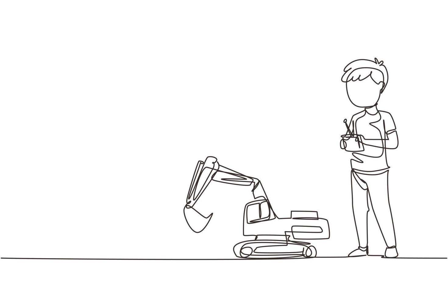 Single continuous line drawing boy playing with remote-controlled excavator toy. Kids playing with electronic toy excavator with remote control in hands. One line graphic design vector illustration