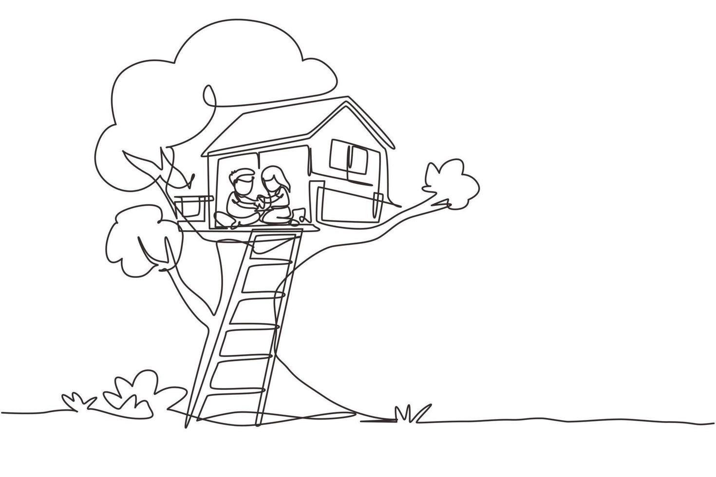 Single continuous line drawing child on tree house, little boy and girl playing on children playground, treehouse with wooden ladder, place for kids games on summer. One line graphic design vector 8722002 Single continuous line drawing child on tree house, little boy and girl playing on children playground, treehouse with wooden ladder, place for kids games on summer. One line graphic design vector 8722002