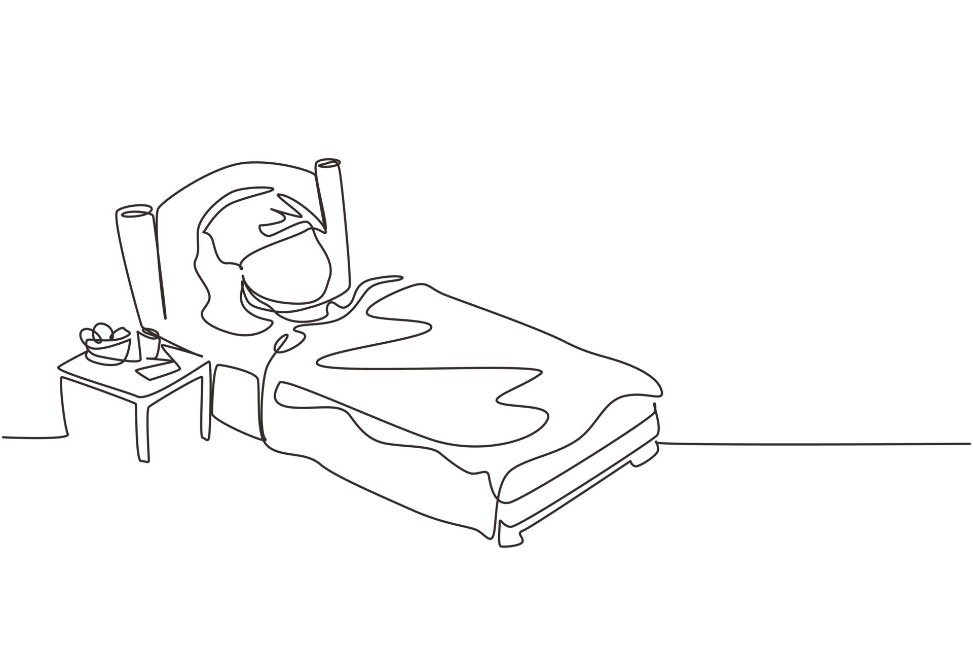 Single continuous line drawing sick girl with high fever. Child is sick  with flu or coronavirus. Kid lying in bed feel so bad with fever.  Healthcare symbol. Dynamic one line draw graphic