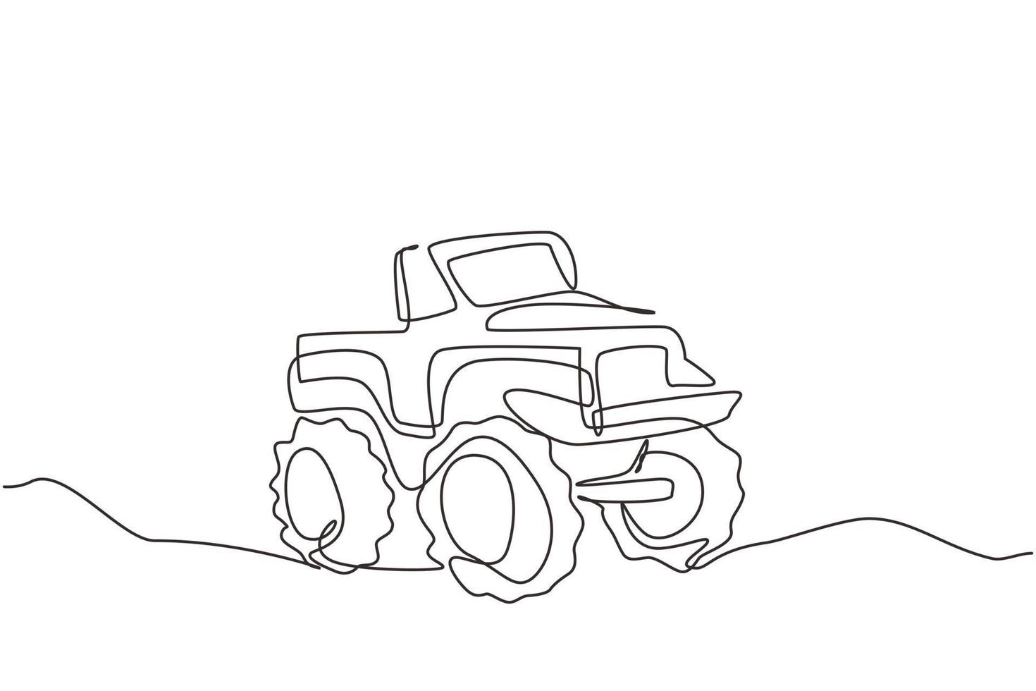 Single continuous line drawing big monster truck. Cartoon funny style. Side view. Extreme automobile. Auto in flat design. Childrens toy monster truck. One line draw graphic design vector illustration