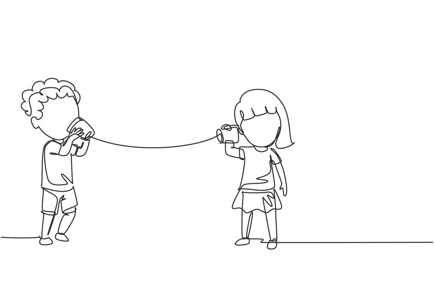 dibujo continuo de una línea niño y niña juegan teléfono de juguete. dos amigos jugando en el teléfono con un dispositivo de transmisión de voz hecho a sí mismo, los niños se divierten hablando. ilustración gráfica de vector de diseño de línea única