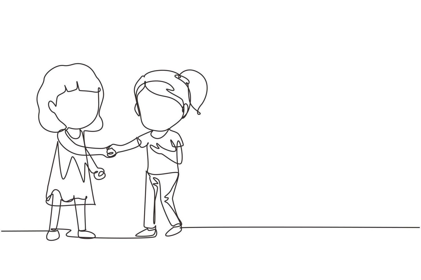 Single one line drawing girls standing and shaking hands making friendship. Children introduce themselves. Girls touching each other's hand. Continuous line draw design graphic vector illustration